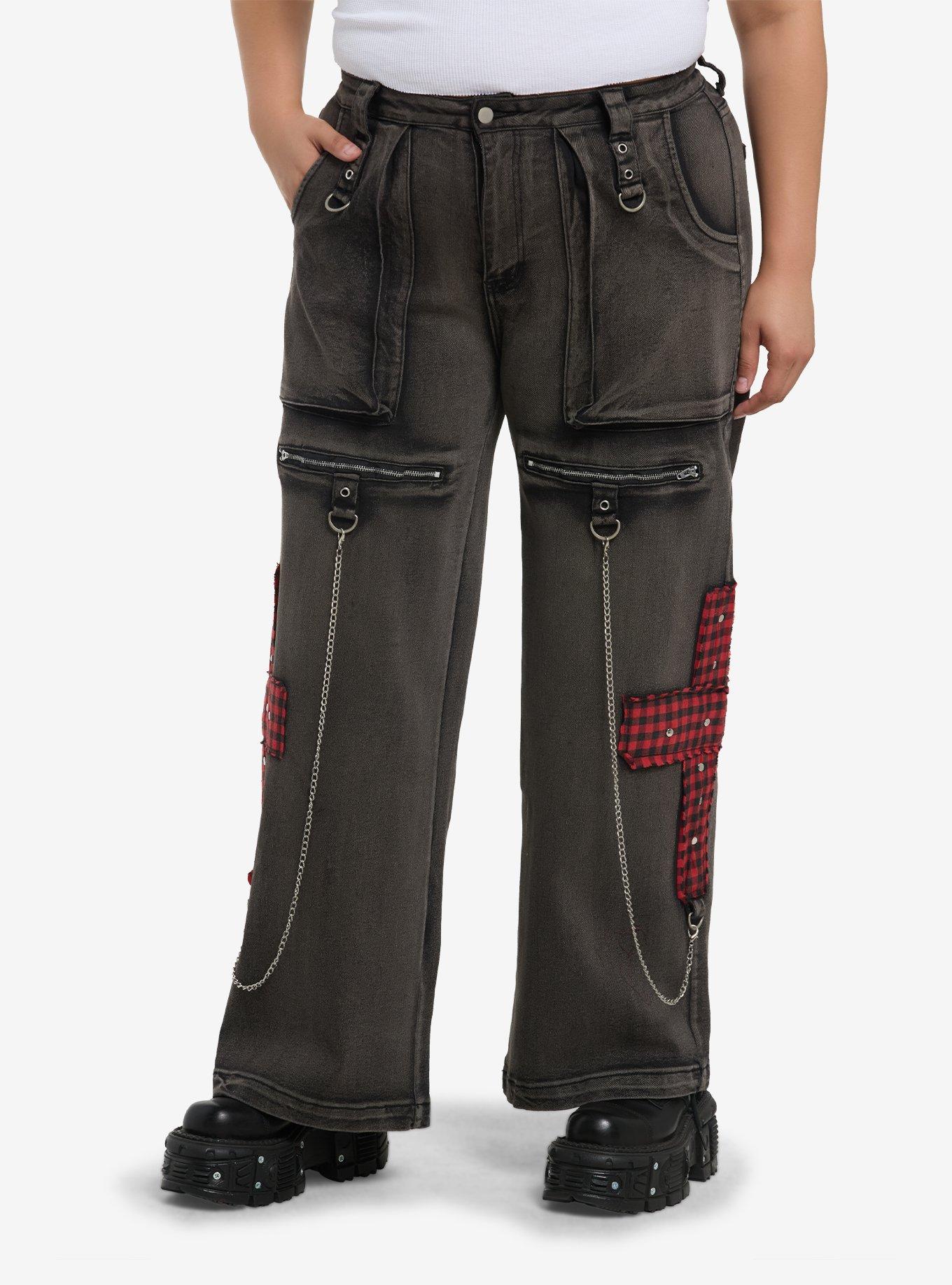 Grey Washed Plaid Cross Chain Wide Leg Jeans Plus Size, , hi-res