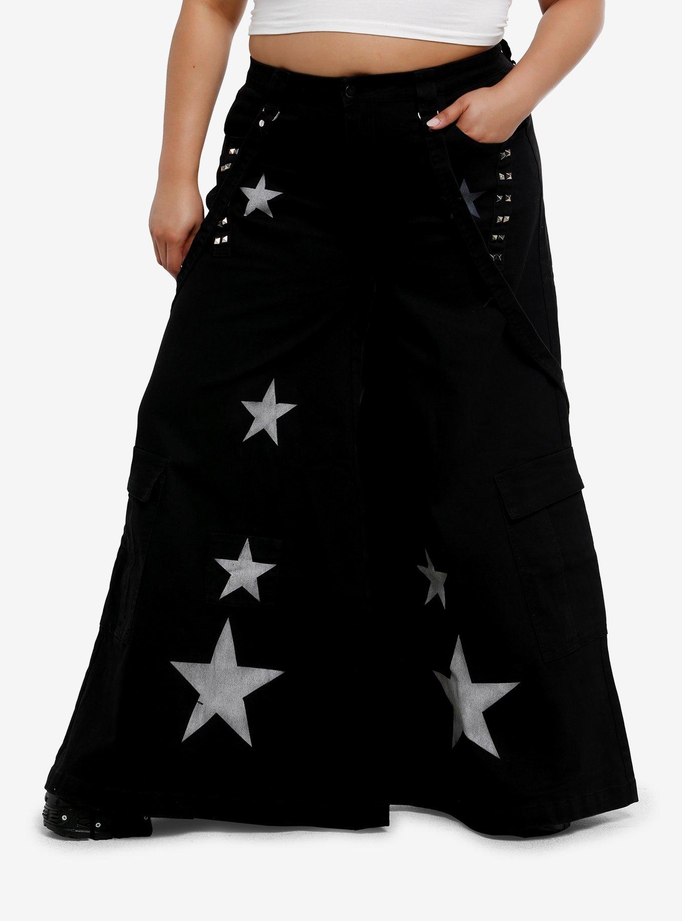 Black Stud Star Suspender Strap Wide Leg Denim Jeans Plus Size, , hi-res