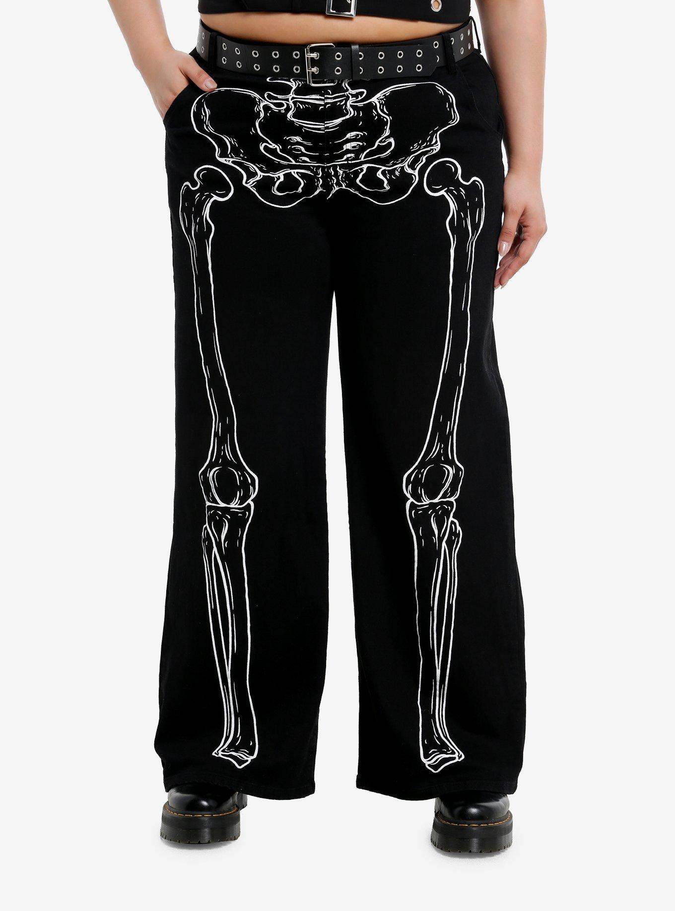 Black Skeleton Outline Grommet Belt Wide Leg Pants Plus Size | Hot