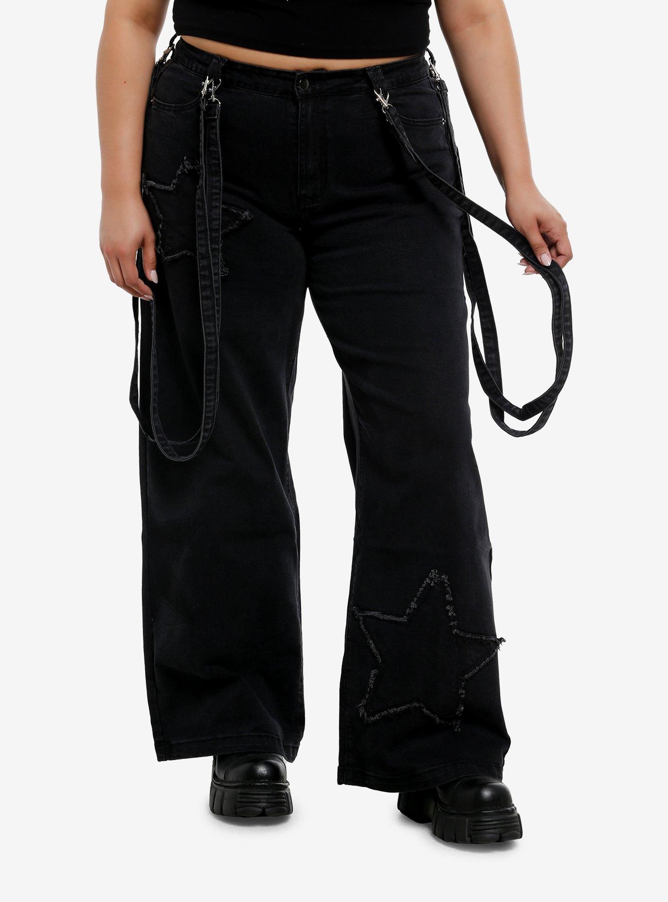 Black Star Patch Suspender Girls Wide Leg Jeans Plus Size, , hi-res