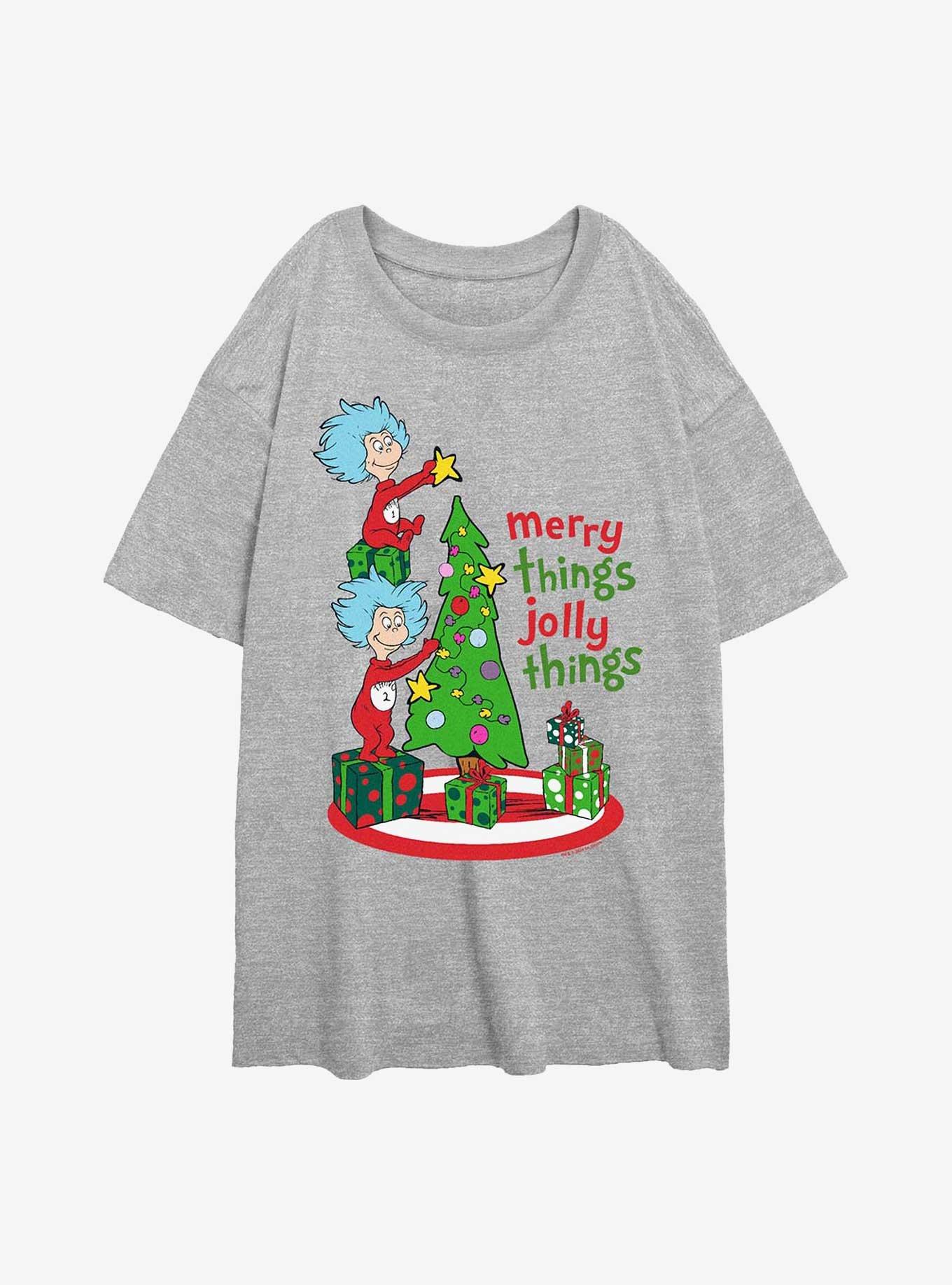 Dr. Seuss Merry Things Jolly Things Girls Oversized T-Shirt, ATH HTR, hi-res
