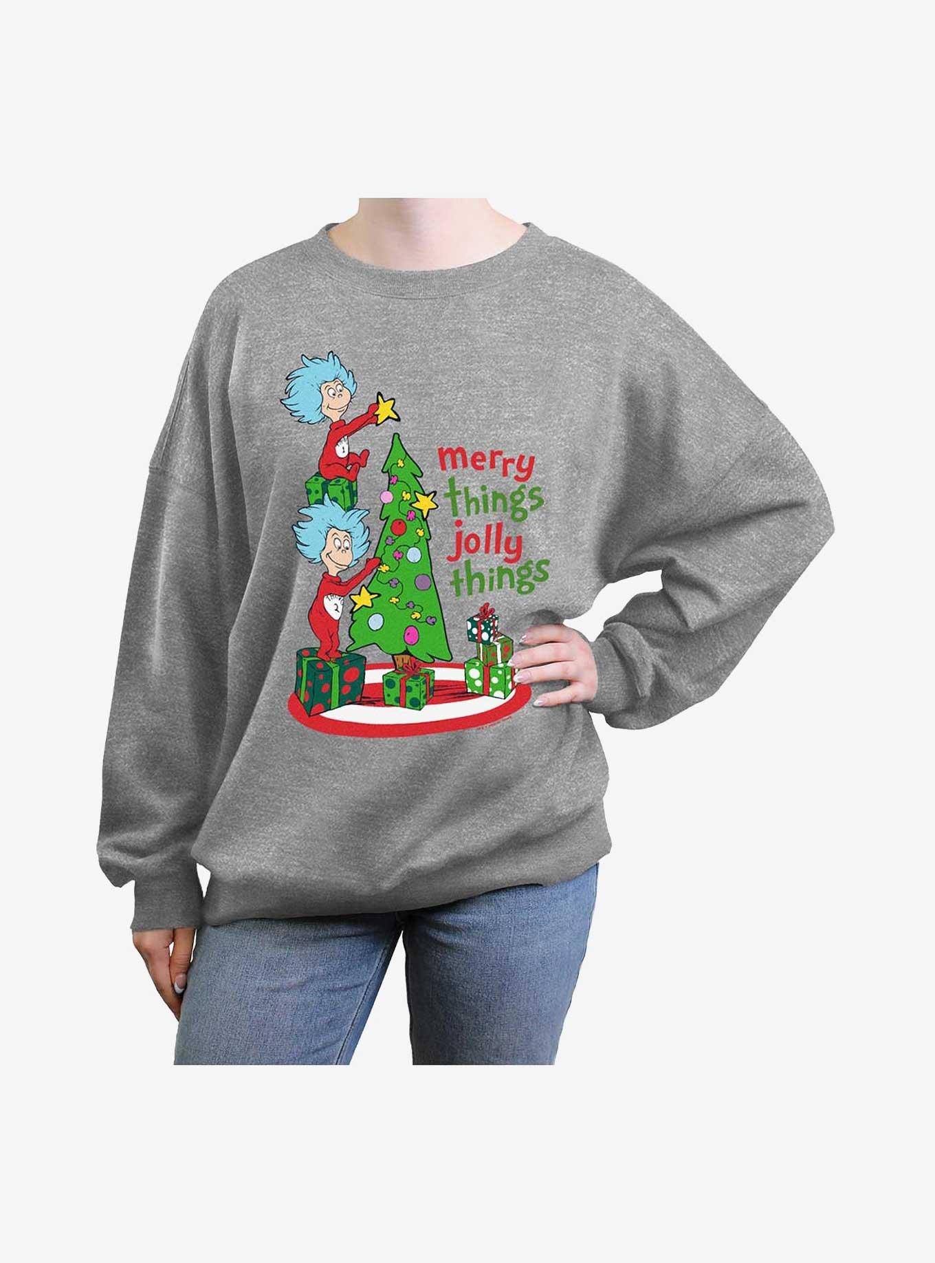 Dr. Seuss Merry Things Jolly Things Girls Oversized Sweatshirt, HEATHER GR, hi-res