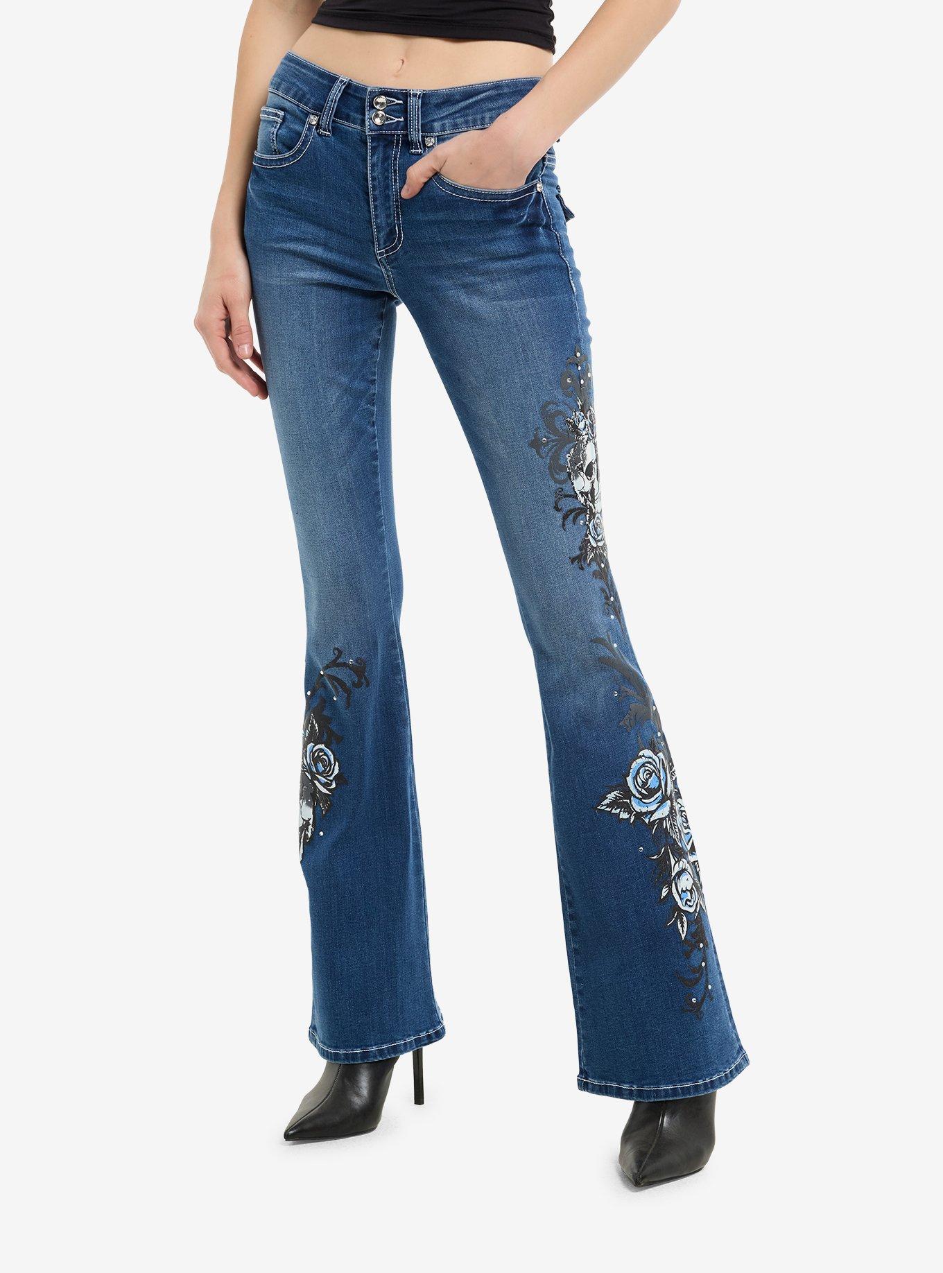 Dark Indigo Skull Rose Rhinestone Flare Denim Pants | Hot Topic