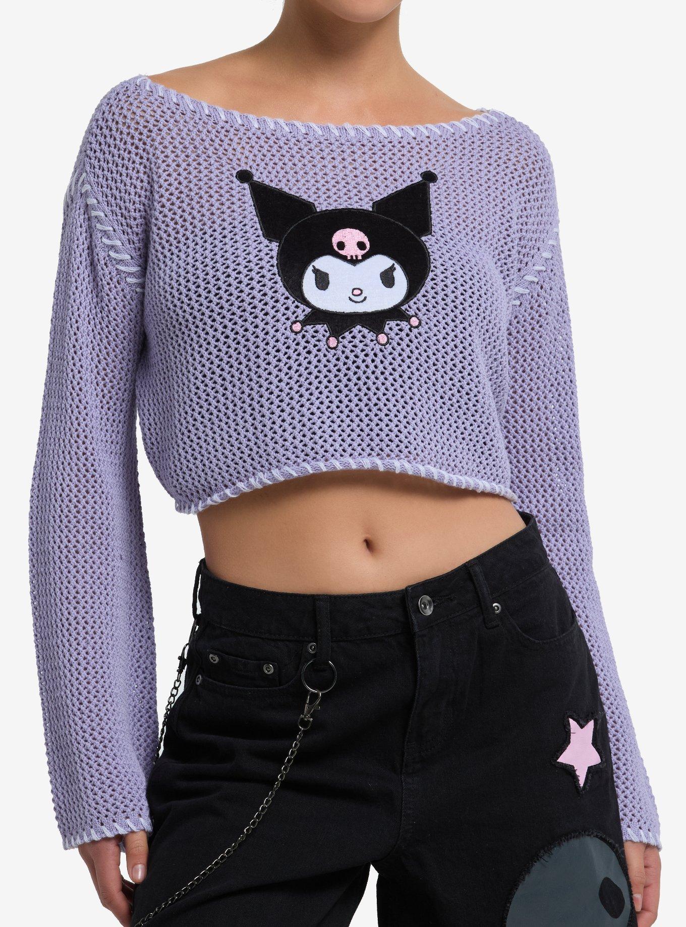 Kuromi Lavender Knit Girls Crop Long-Sleeve Top, , hi-res