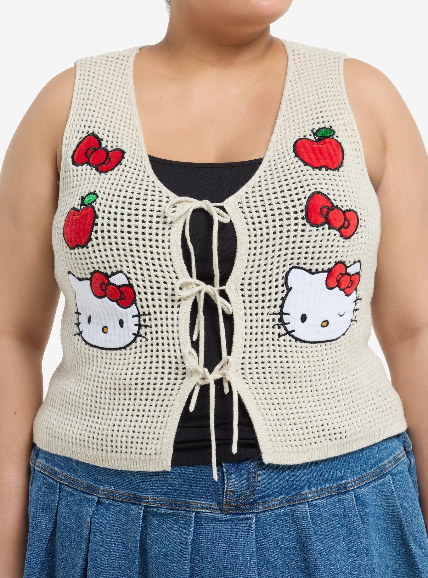 Hello Kitty Patches Open Knit Girls Sweater Vest Plus Size, , hi-res