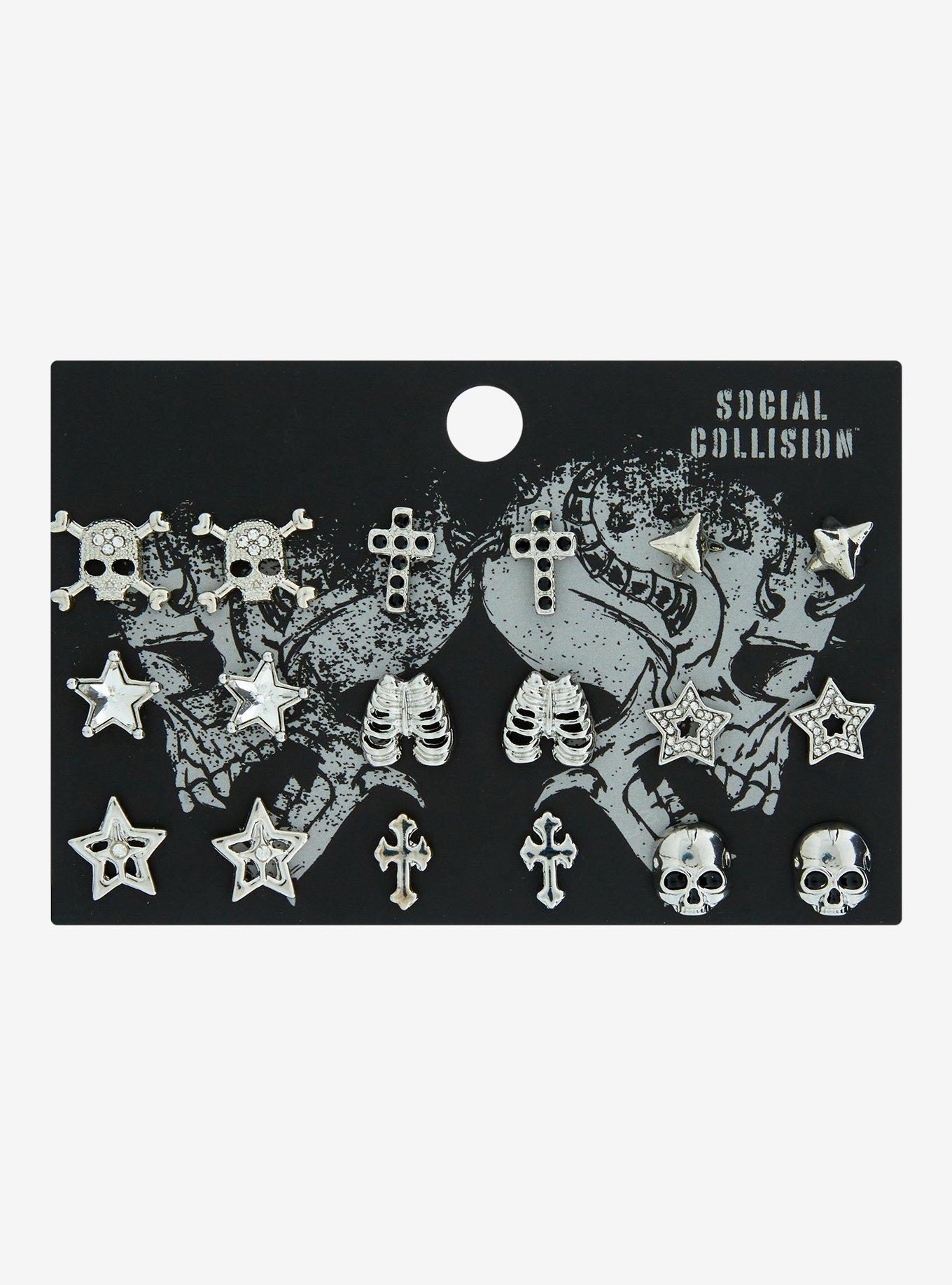 Social Collision Skull Cross Star Stud Earring Set, , hi-res