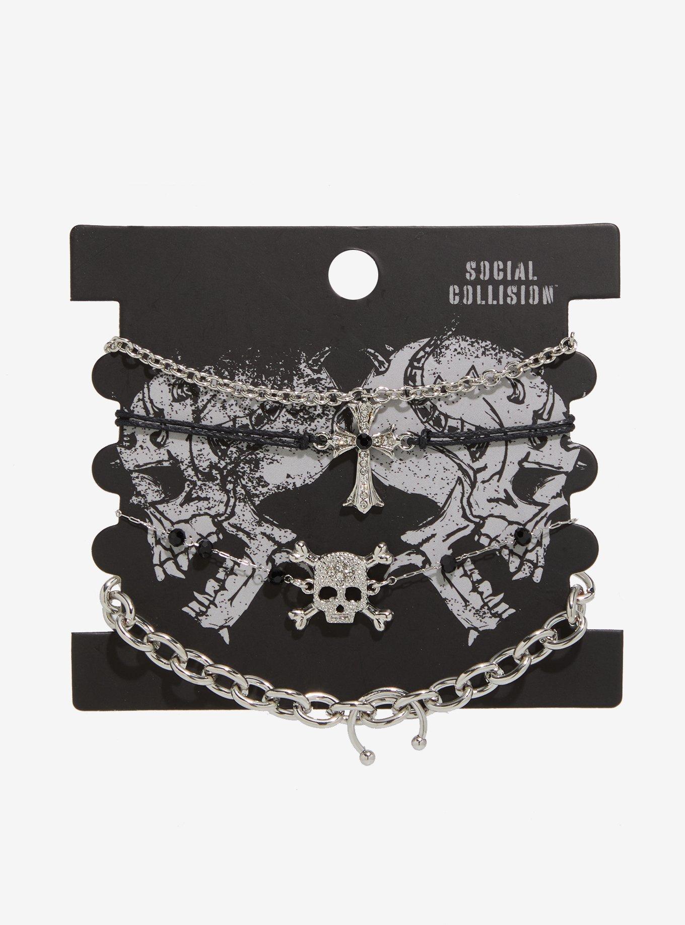 Social Collision Skull Cross Chain Bracelet Set, , hi-res