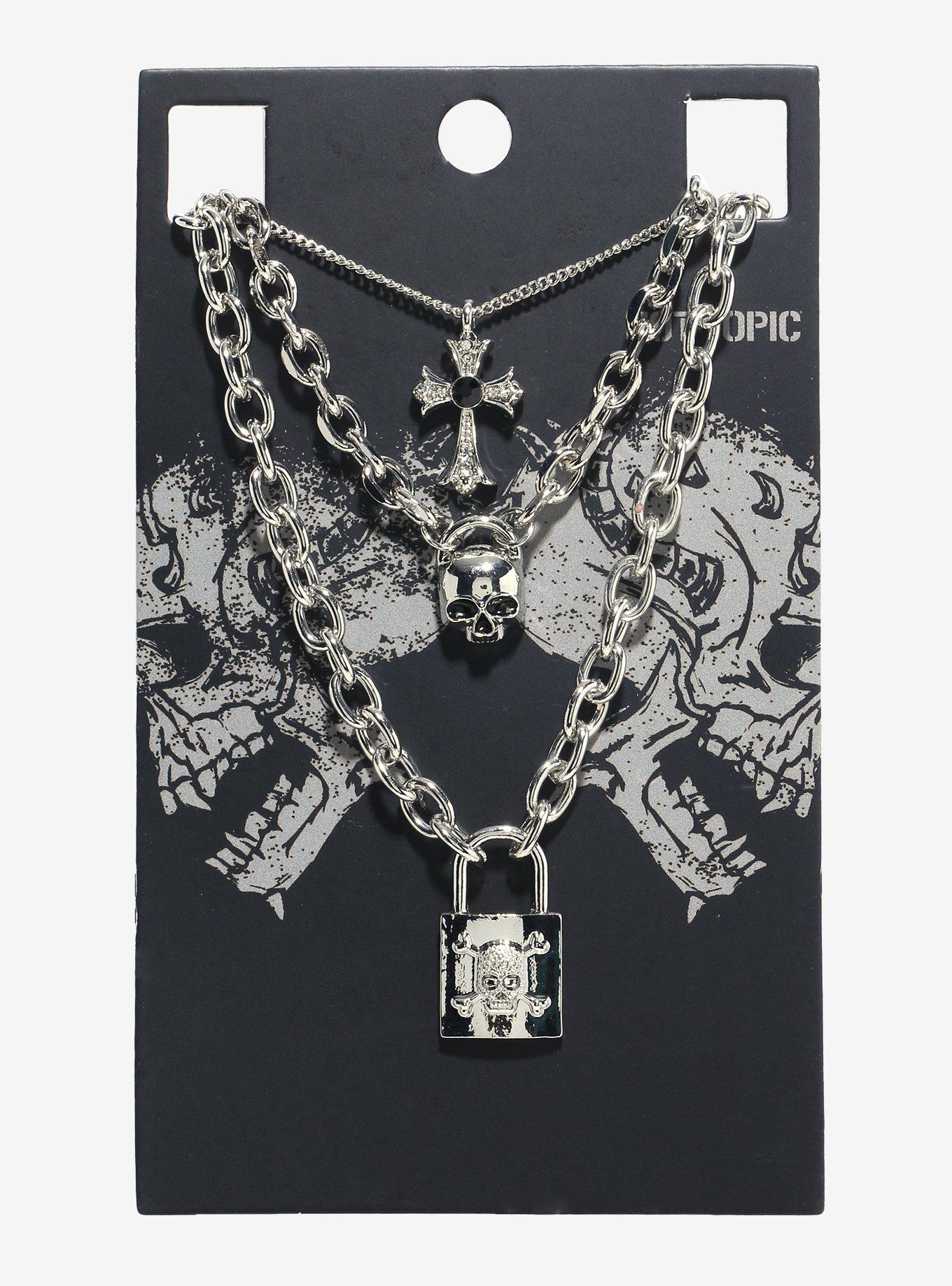 Cross Padlock Skull Chain Necklace Set, , hi-res