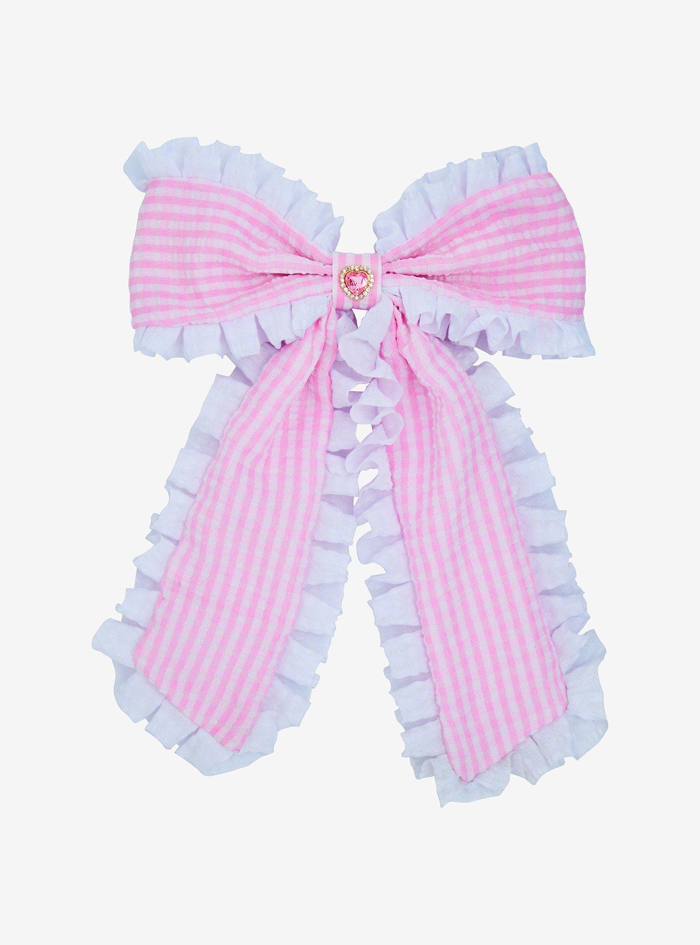 Sweet Society Pink Gingham Lace Heart Gem Hair Bow, , hi-res
