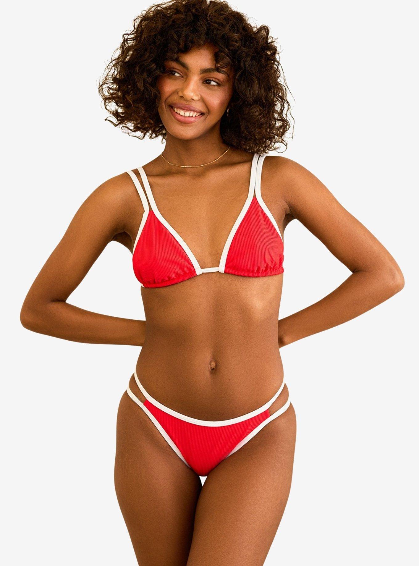 Dippin' Daisy's Cyrus Double Strap Swim Bottom Poppy White Rib, RED, hi-res
