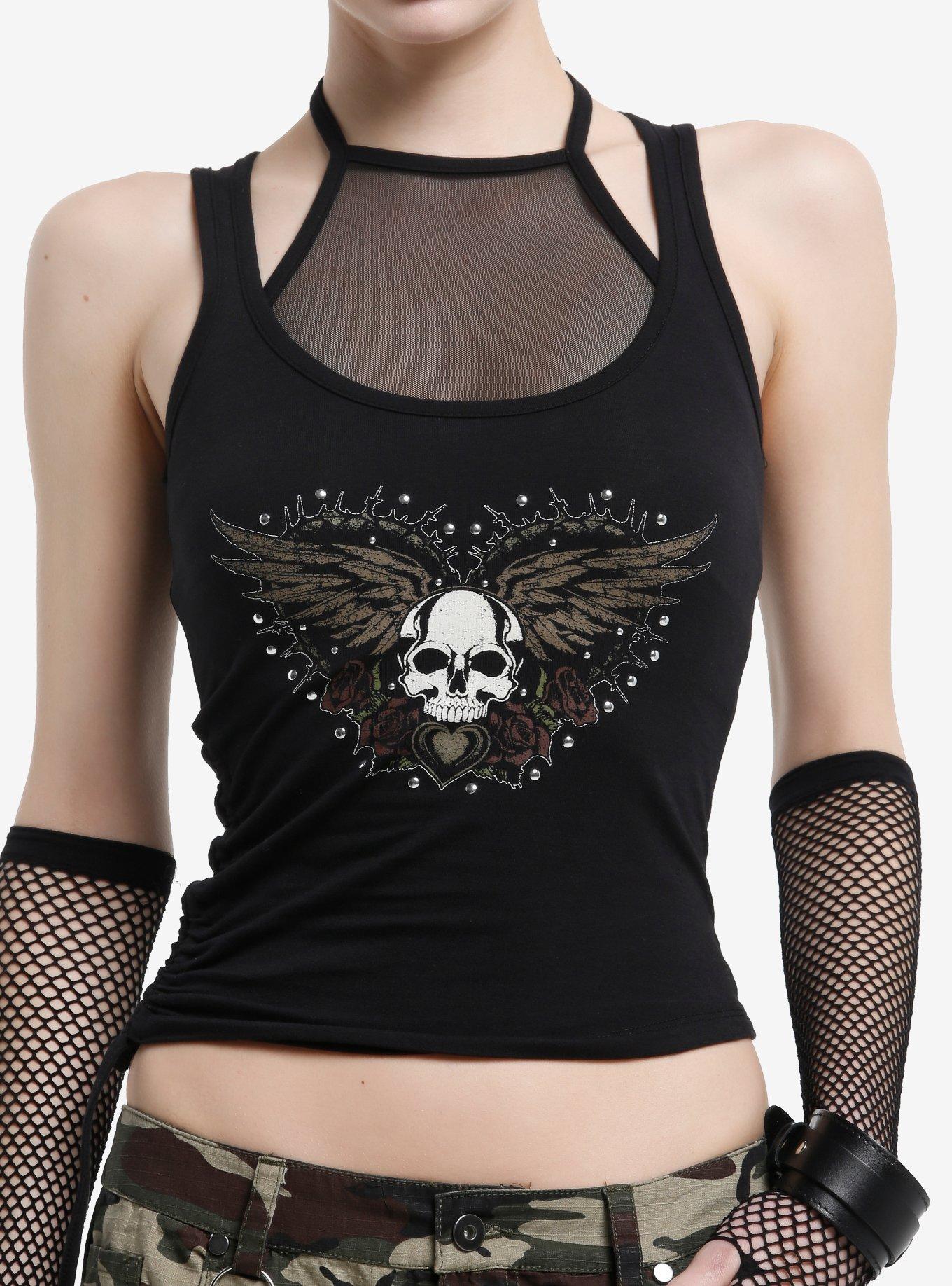 Winged Skull Studded Mesh Girls Twofer Tank Top, , hi-res