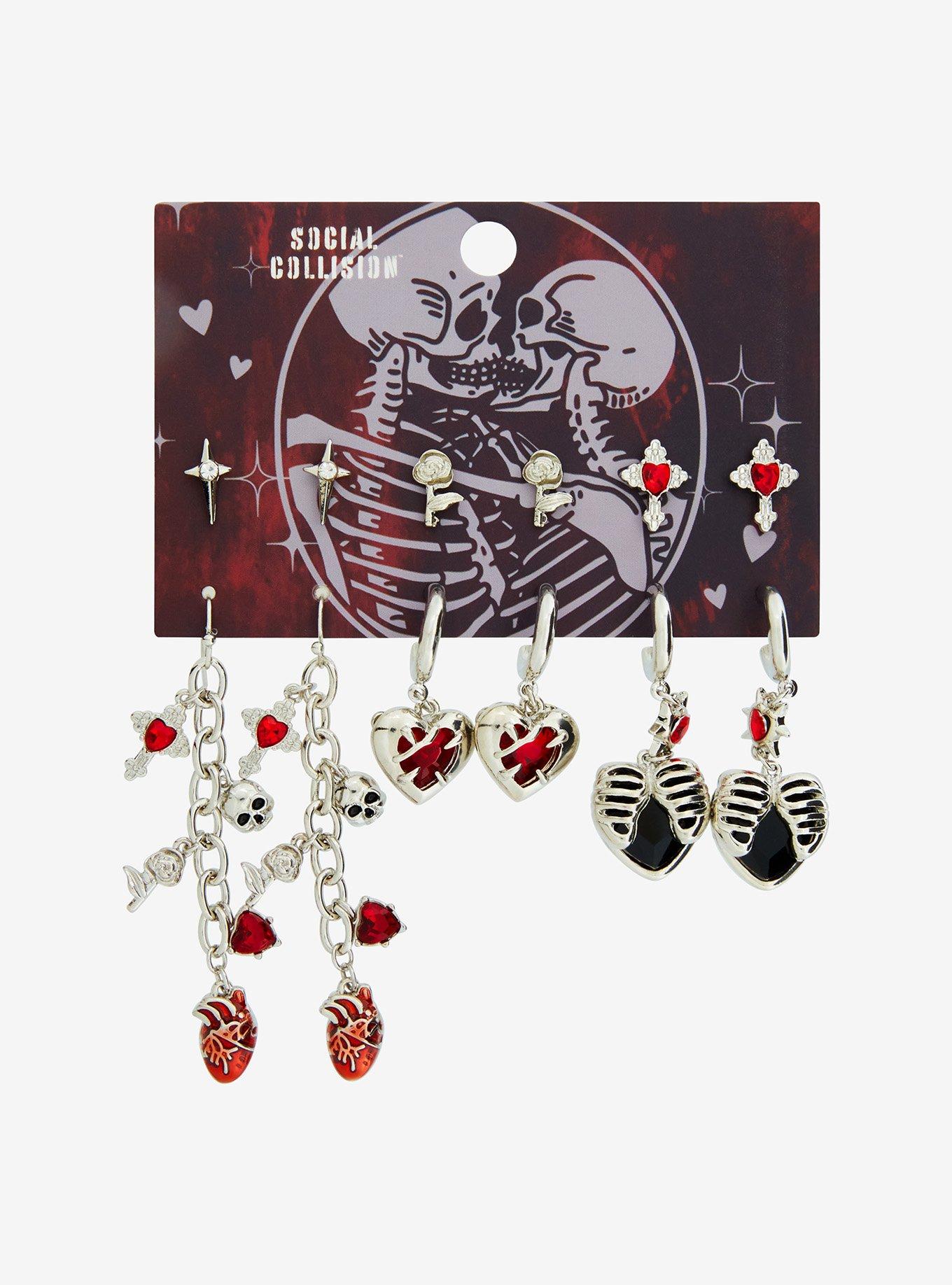 Social Collision Skeleton Heart Earring Set, , hi-res