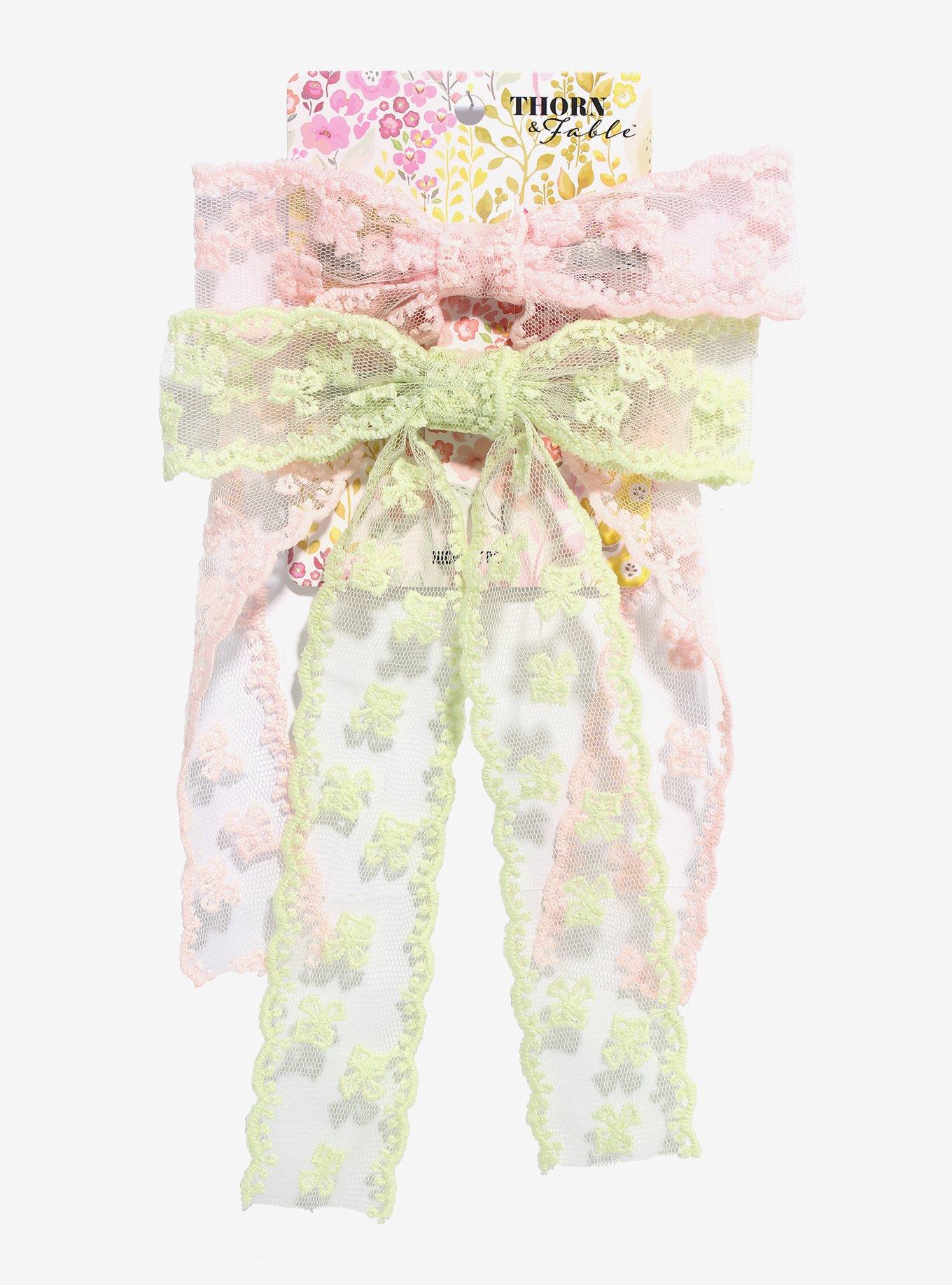 Thorn & Fable Pink & Green Floral Lace Bow Set, , hi-res