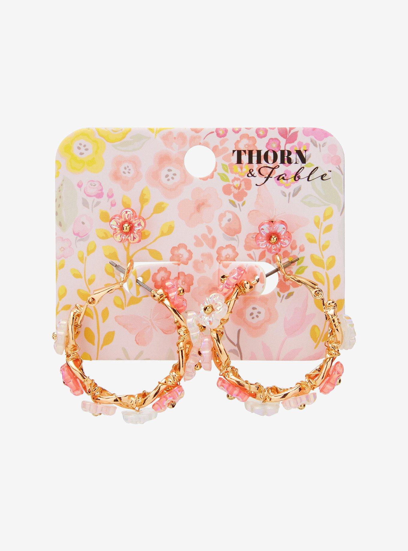 Thorn & Fable Pink & White Flower Hoop Earring Set, , hi-res