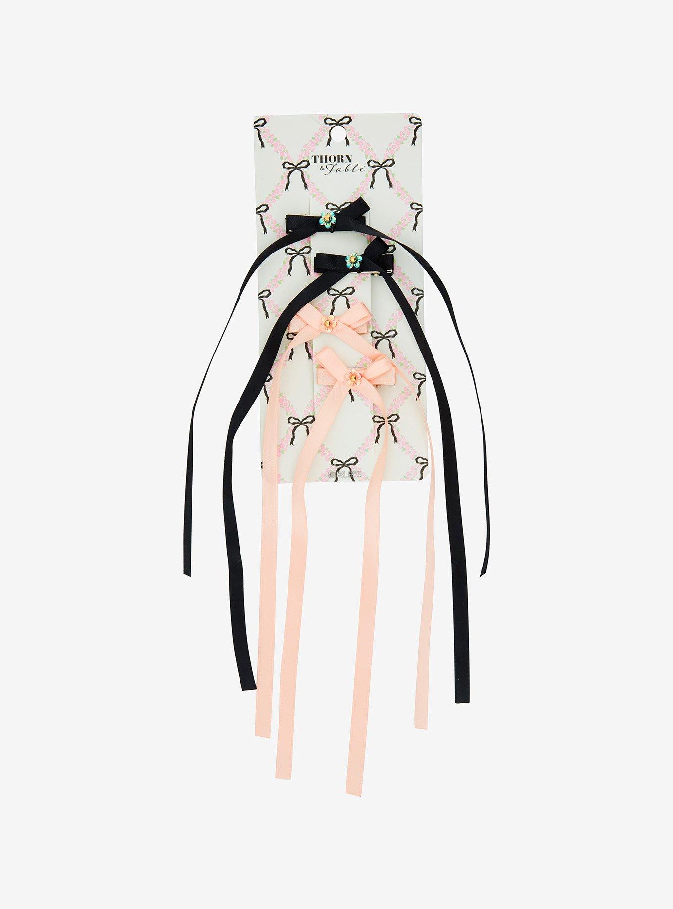 Thorn & Fable Pink & Black Floral Skinny Hair Bow Set, , hi-res