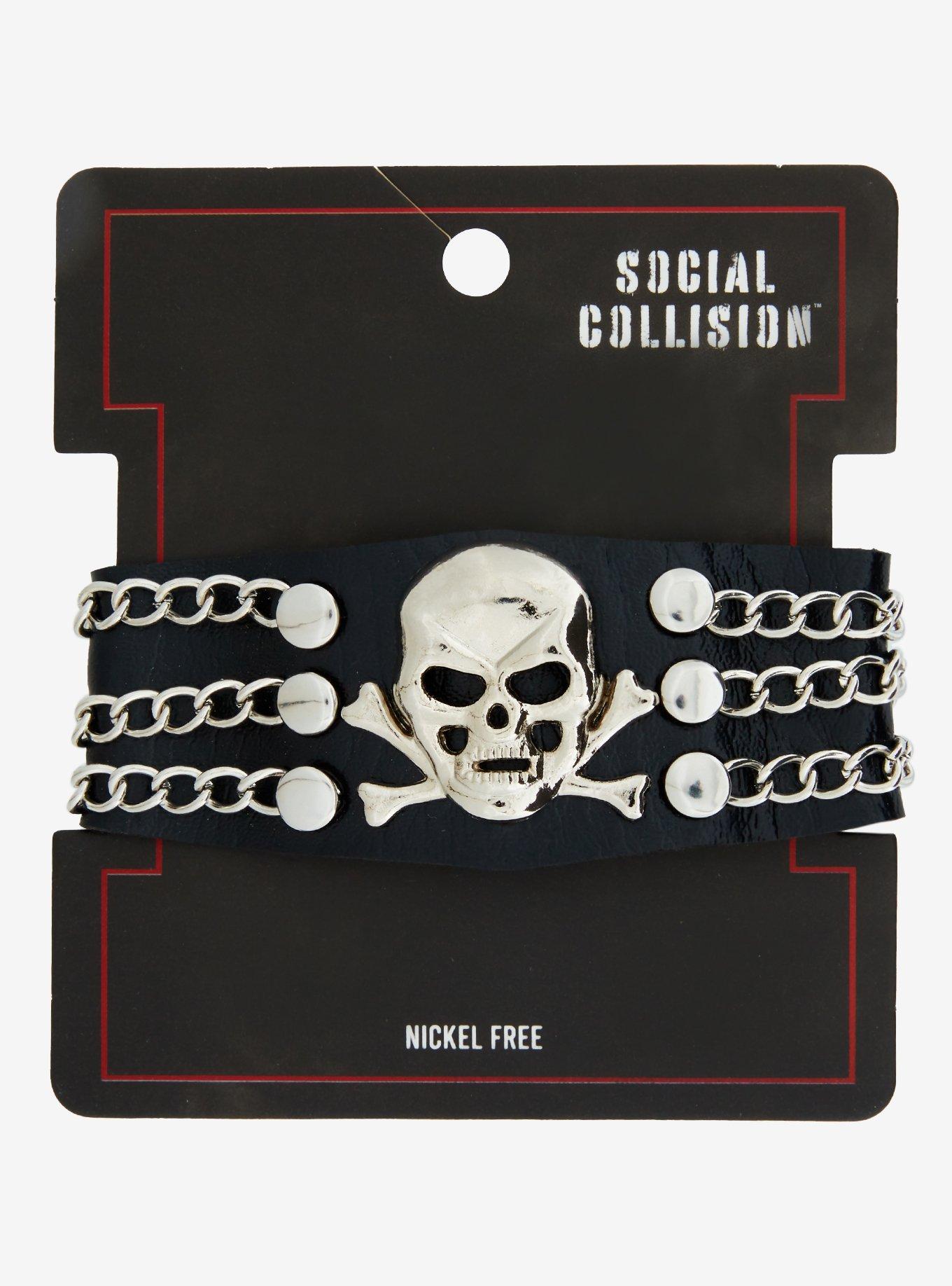 Social Collision Skull & Crossbones Chains Cuff Bracelet, , hi-res