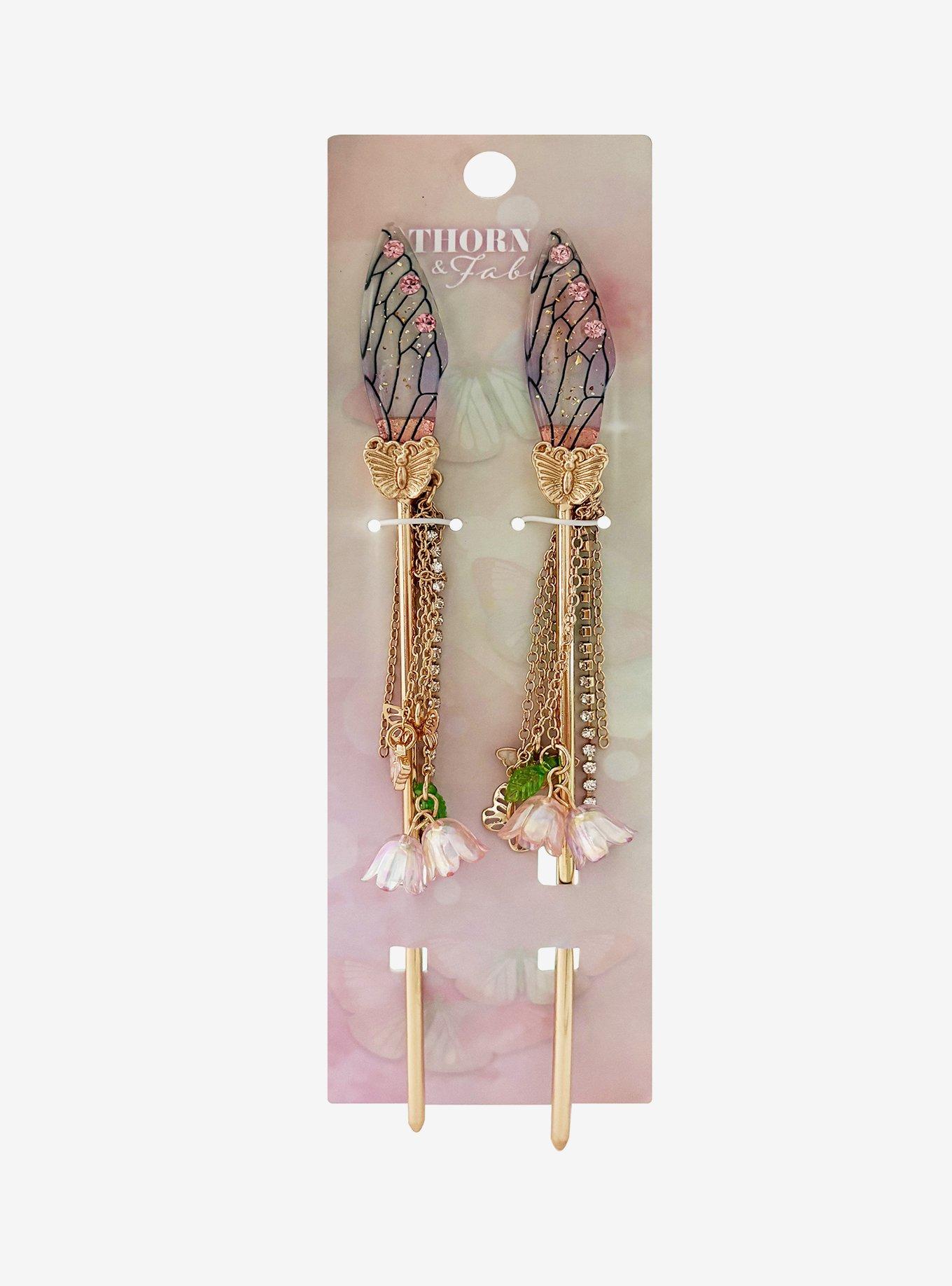 Thorn & Fable Butterfly Wing Flower Chain Hair Sticks, , hi-res