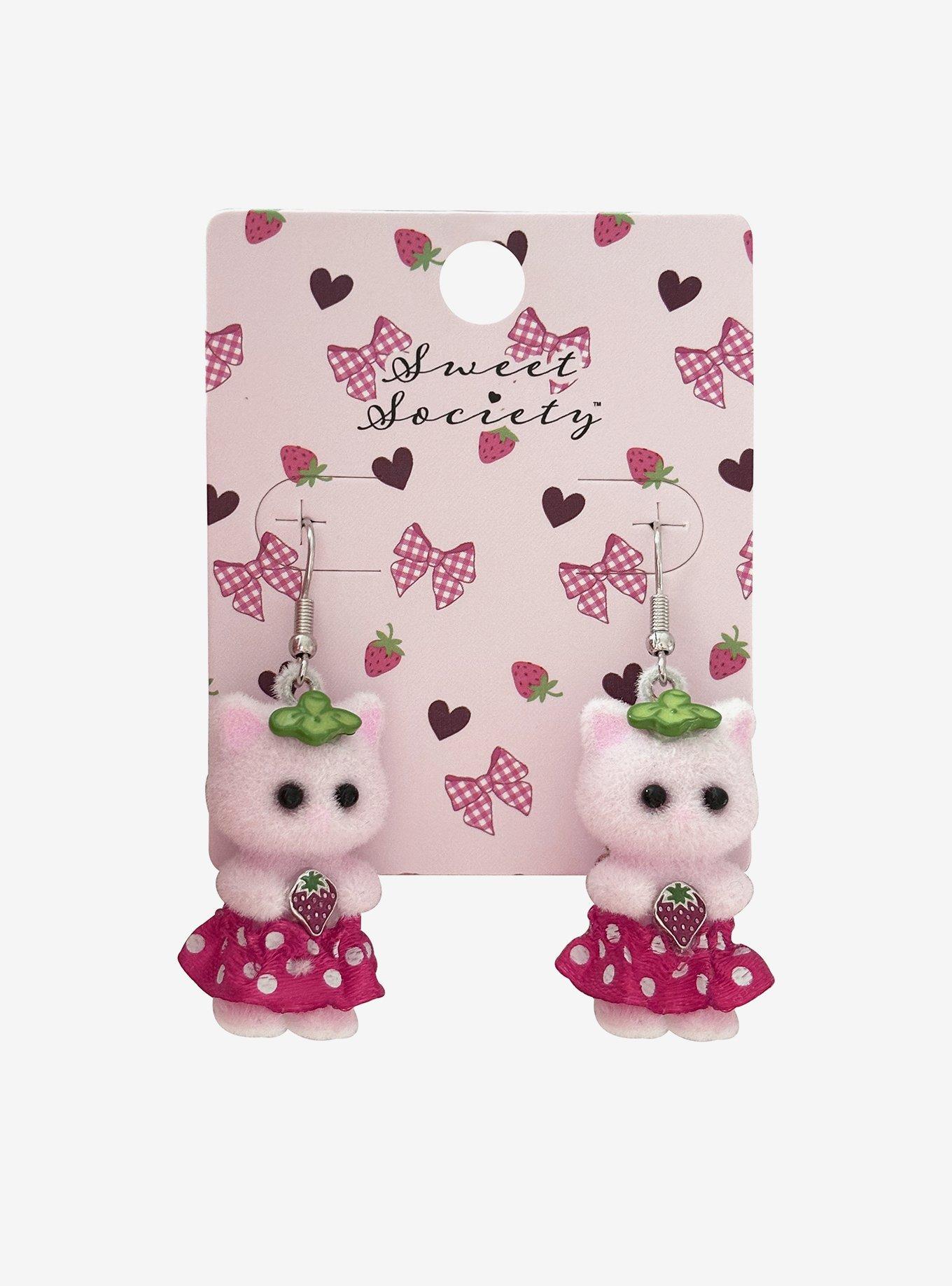 Sweet Society Strawberry Fuzzy Figural Cat Earrings, , hi-res