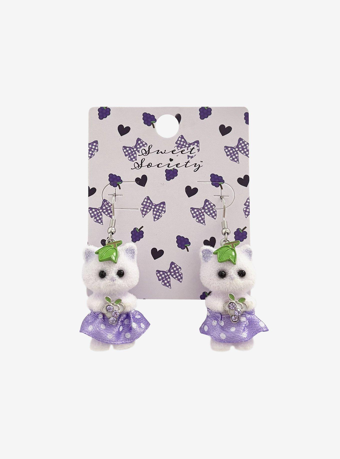 Sweet Society Grape Fuzzy Figural Cat Earrings, , hi-res