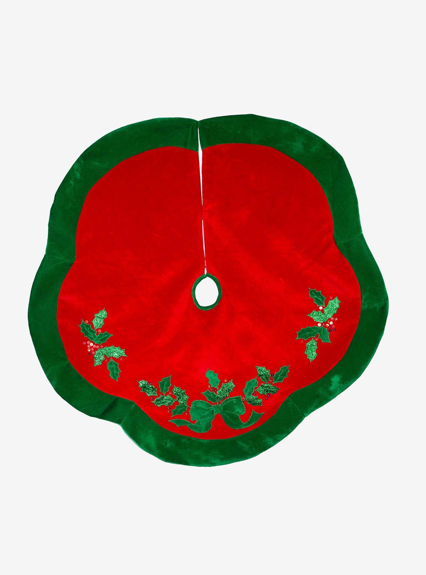 Velvet Red with Green Leaves Applique Tree skirt, , hi-res view 1
