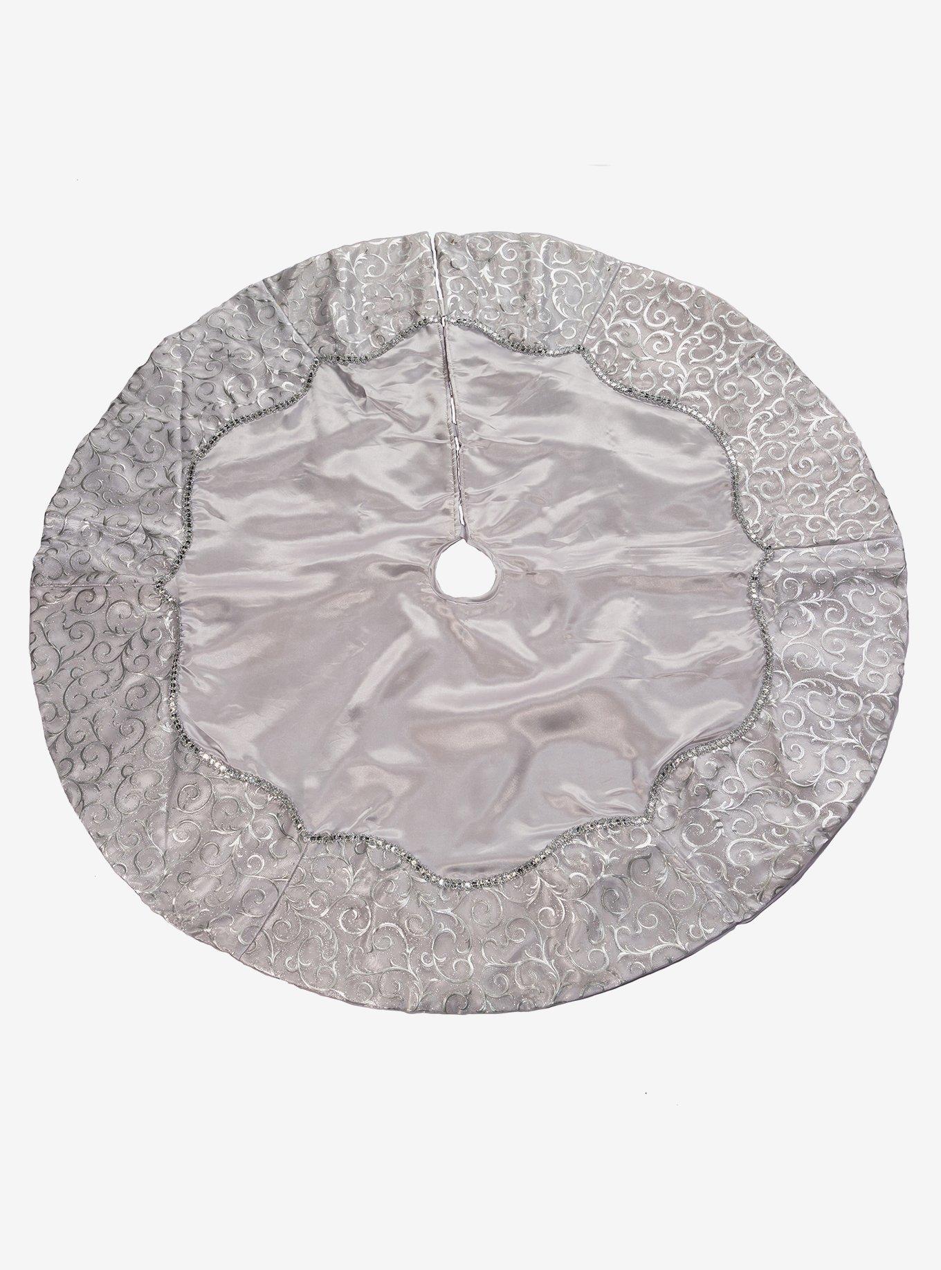 Silver Satin with Printed Border Tree skirt, , hi-res