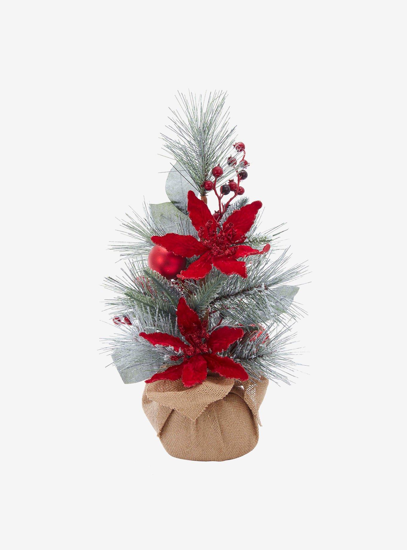 Flocked Tree with Berries and Poinsettia in Burlap Base, , hi-res