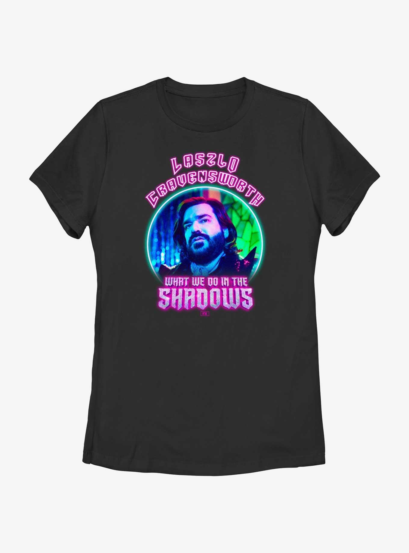 What We Do In The Shadows Neon Laszlo Lockup Womens T-Shirt, BLACK, hi-res