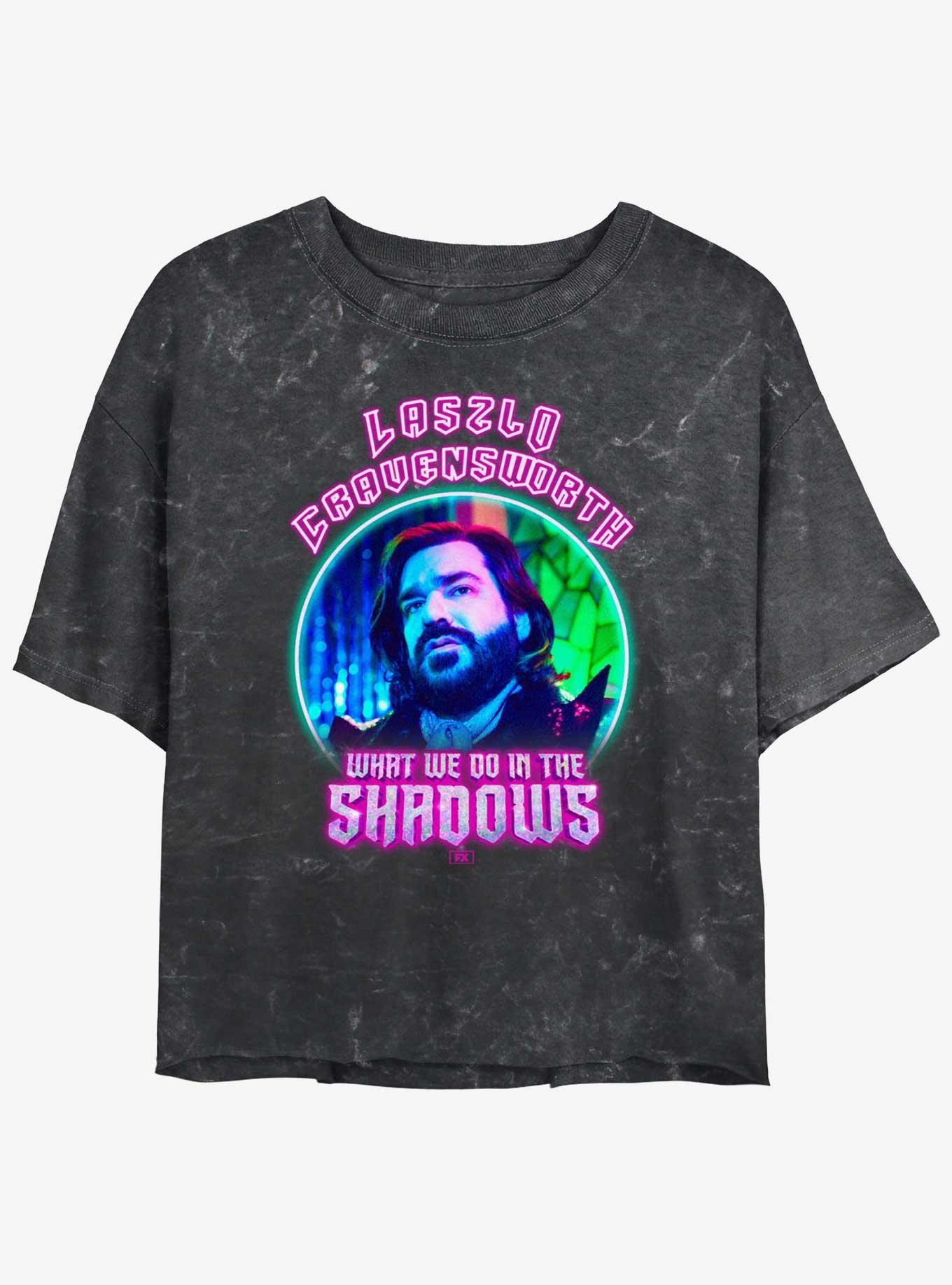 What We Do In The Shadows Neon Laszlo Lockup Mineral Wash Womens Crop T-Shirt, BLACK, hi-res