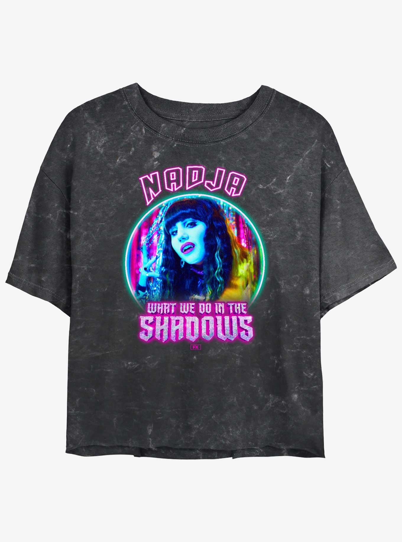 What We Do In The Shadows Neon Nadja Lockup Mineral Wash Womens Crop T-Shirt, BLACK, hi-res