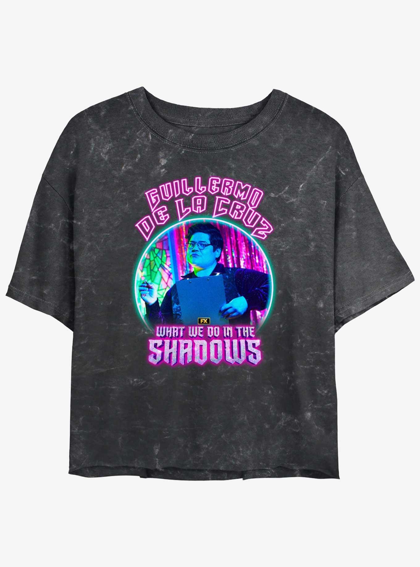 What We Do In The Shadows Neon Guillermo Lockup Mineral Wash Womens Crop T-Shirt, BLACK, hi-res