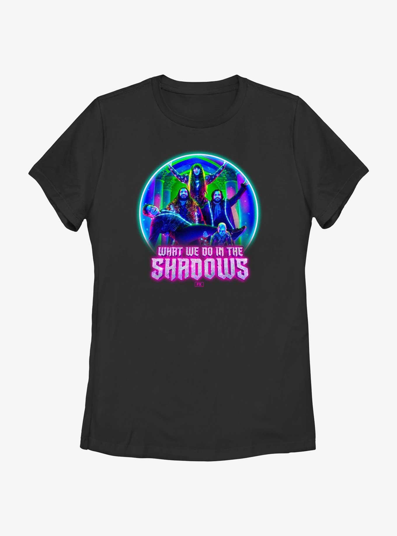 What We Do In The Shadows Neon Group Lockup Womens T-Shirt, BLACK, hi-res