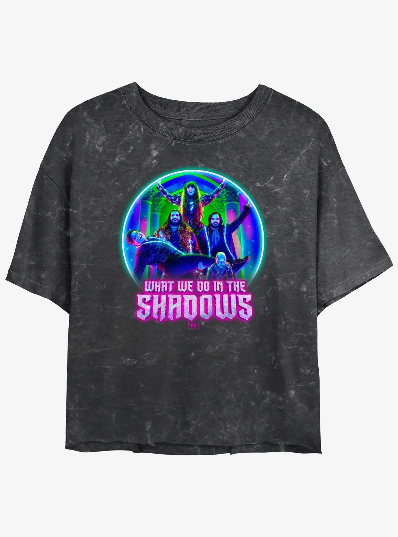 What We Do In The Shadows Neon Group Lockup Mineral Wash Womens Crop T-Shirt, , hi-res