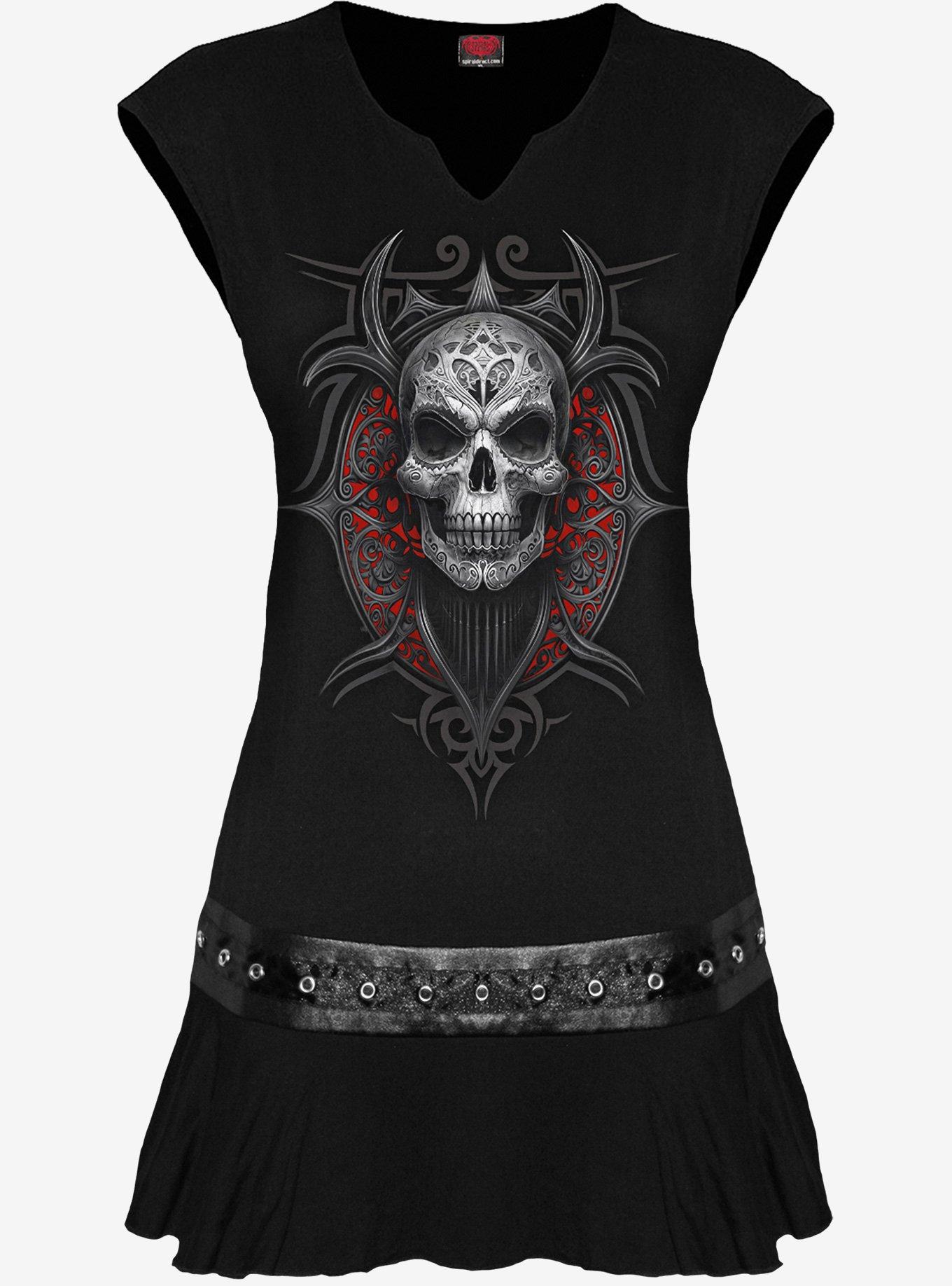 Spiral High Priestess Frauen T-Shirt - Schwarzes Gothic Top Mit Nieten-Bund, 95% Viskose