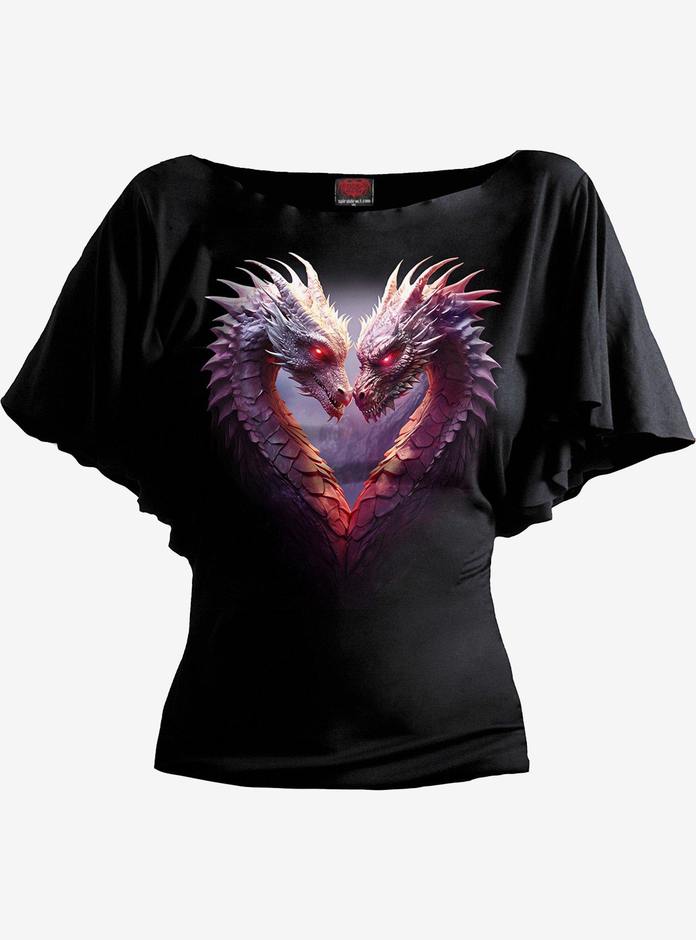 Spiral Heart of Dragons Boat Neck Bat Sleeve Top, BLACK, hi-res