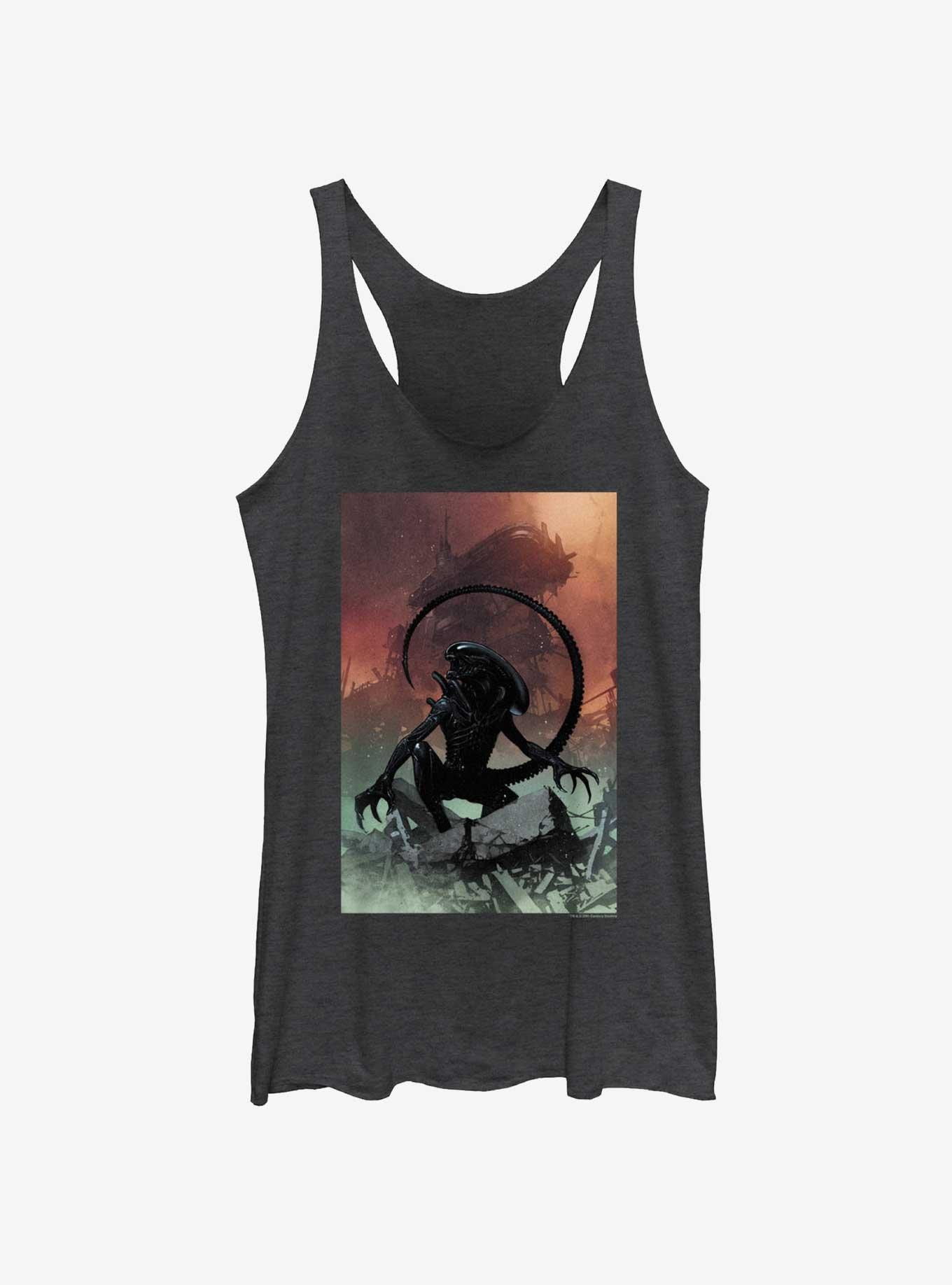 Alien Xenomorph And Ruined Ship Womens Tank Top, BLK HTR, hi-res