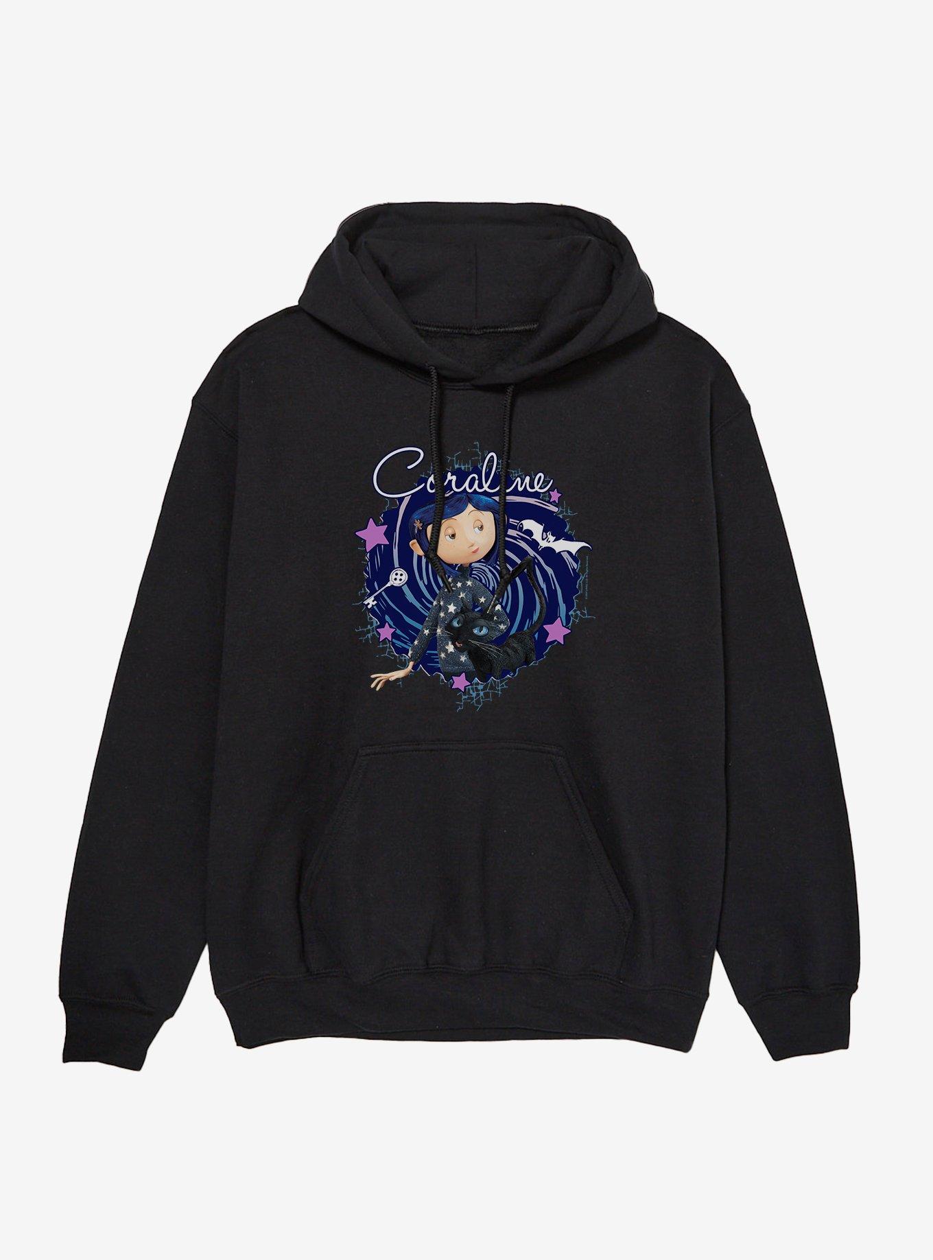 Coraline The Cat Swirl And Stars Hoodie, BLACK, hi-res
