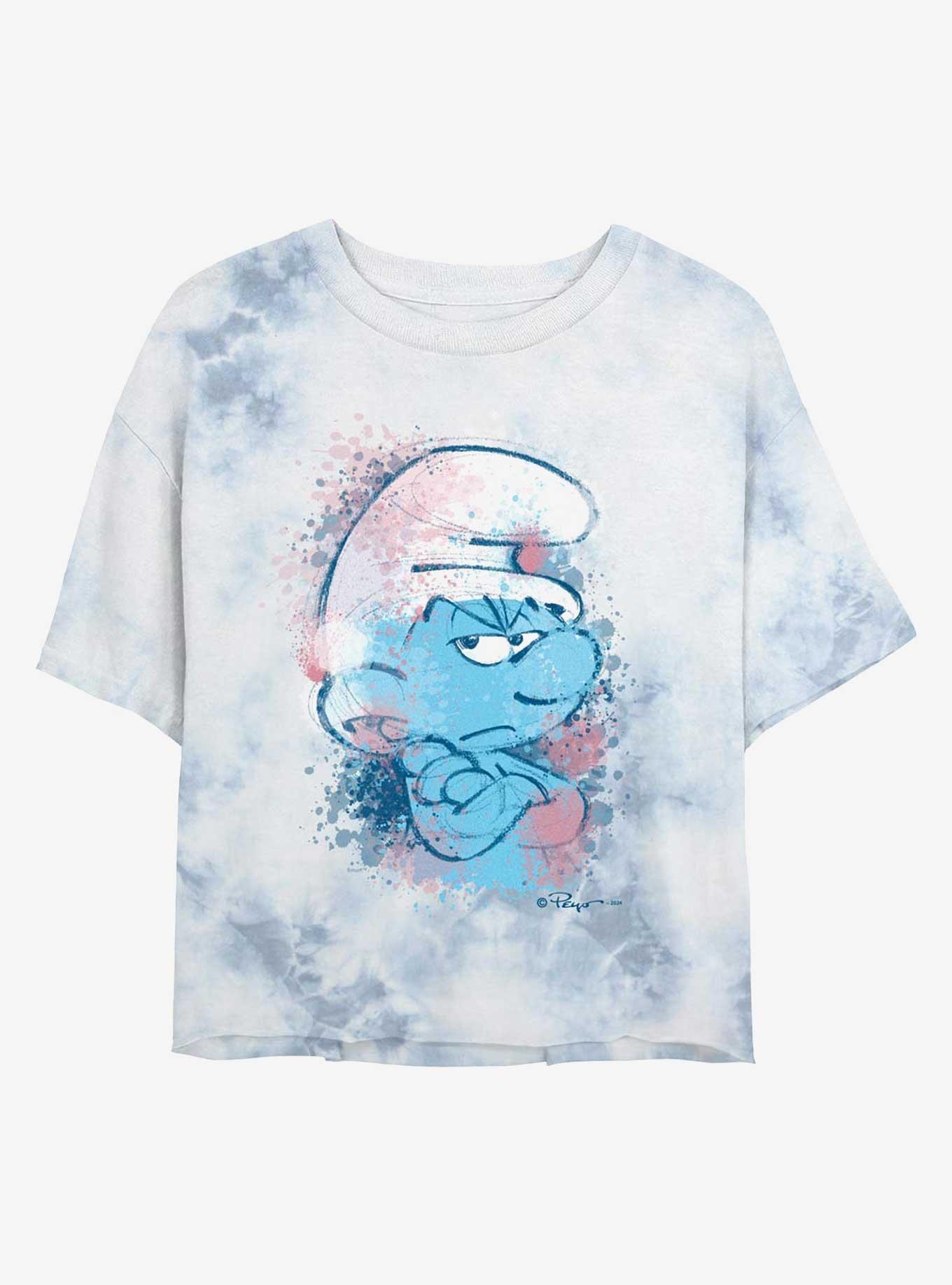The Smurfs Angry Smurf Face Tie Dye Crop Womens T-Shirt, , hi-res