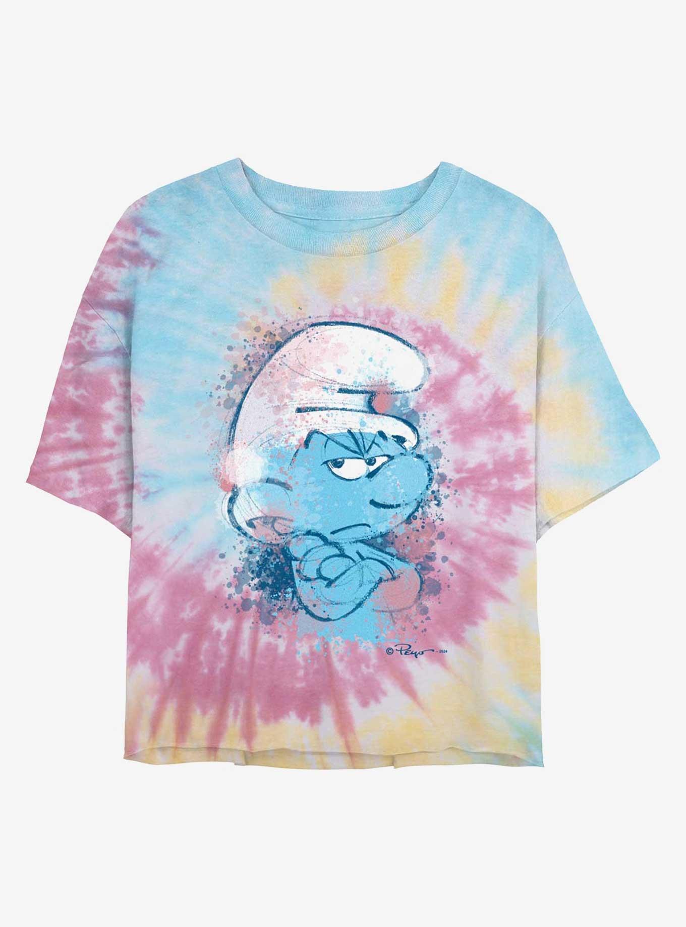 The Smurfs Angry Smurf Face Tie Dye Crop Womens T-Shirt, , hi-res