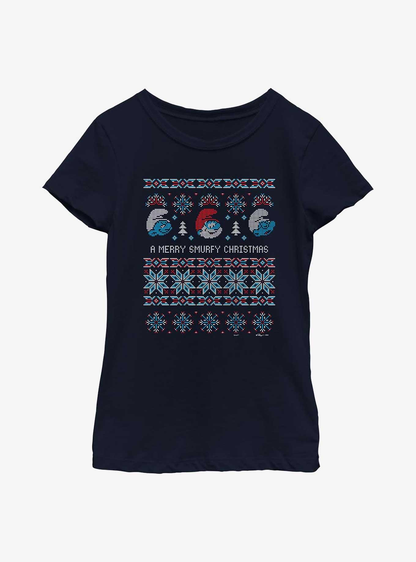 The Smurfs Ugly Sweater Smurfy Christmas Youth Girls T-Shirt, , hi-res