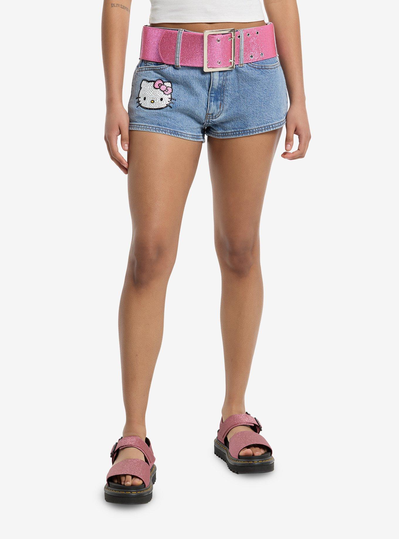 キティさんTHEREDTHREAD Slace up shorts S Hello Kitty Rhinestone Micro Shorts With Glitter Belt | Hot Topic