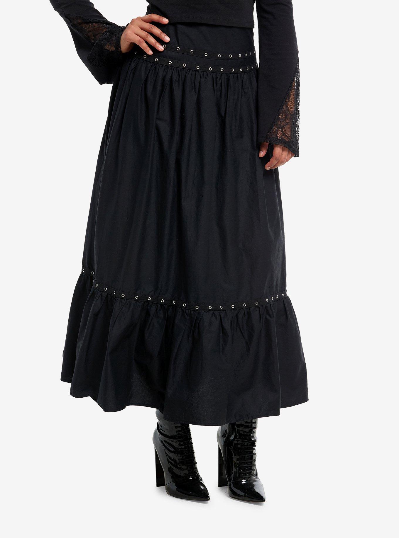 Black Grommet Tiered Maxi Skirt, BLACK, hi-res