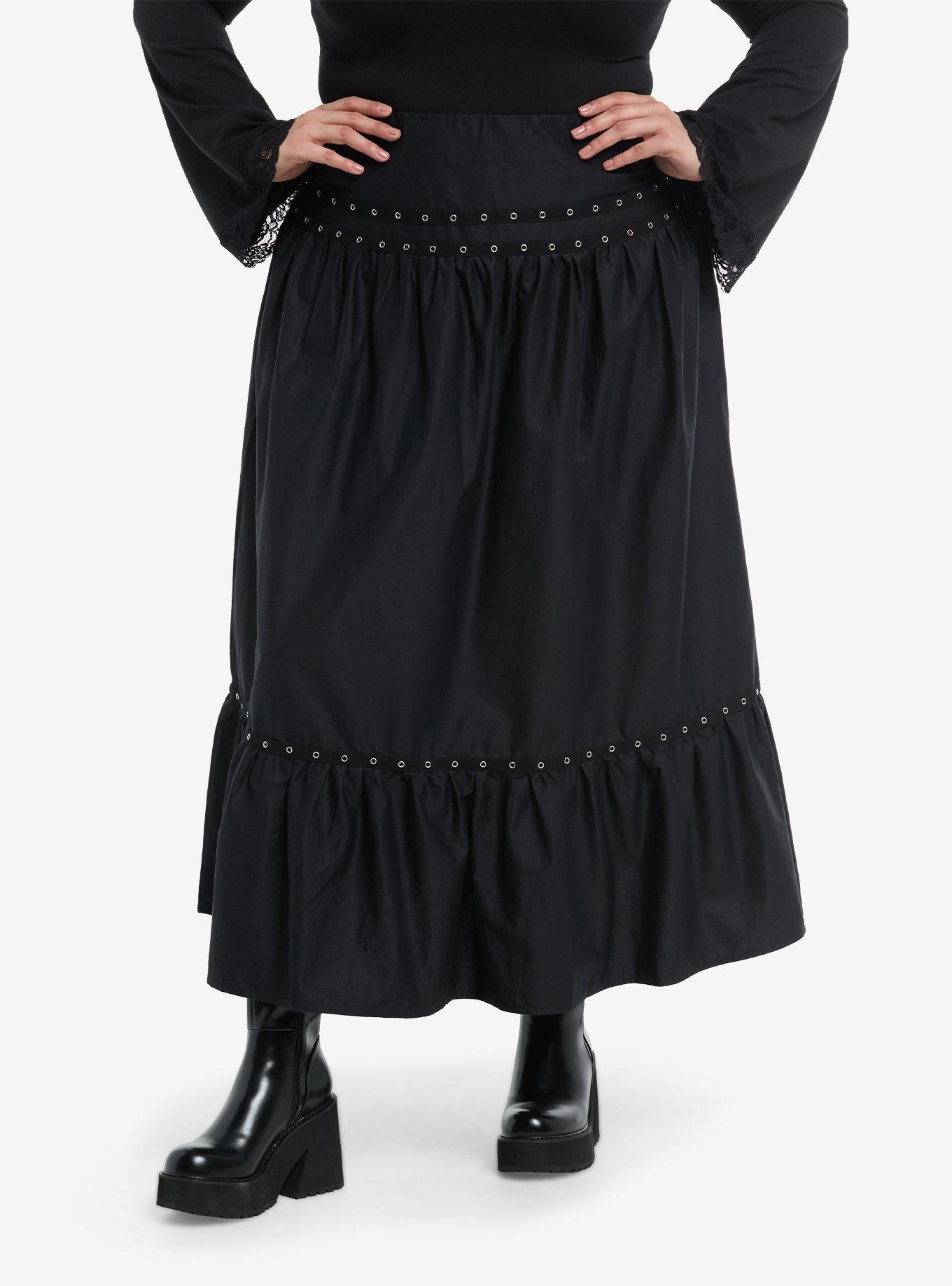 Black Grommet Tiered Maxi Skirt Plus Size, , hi-res