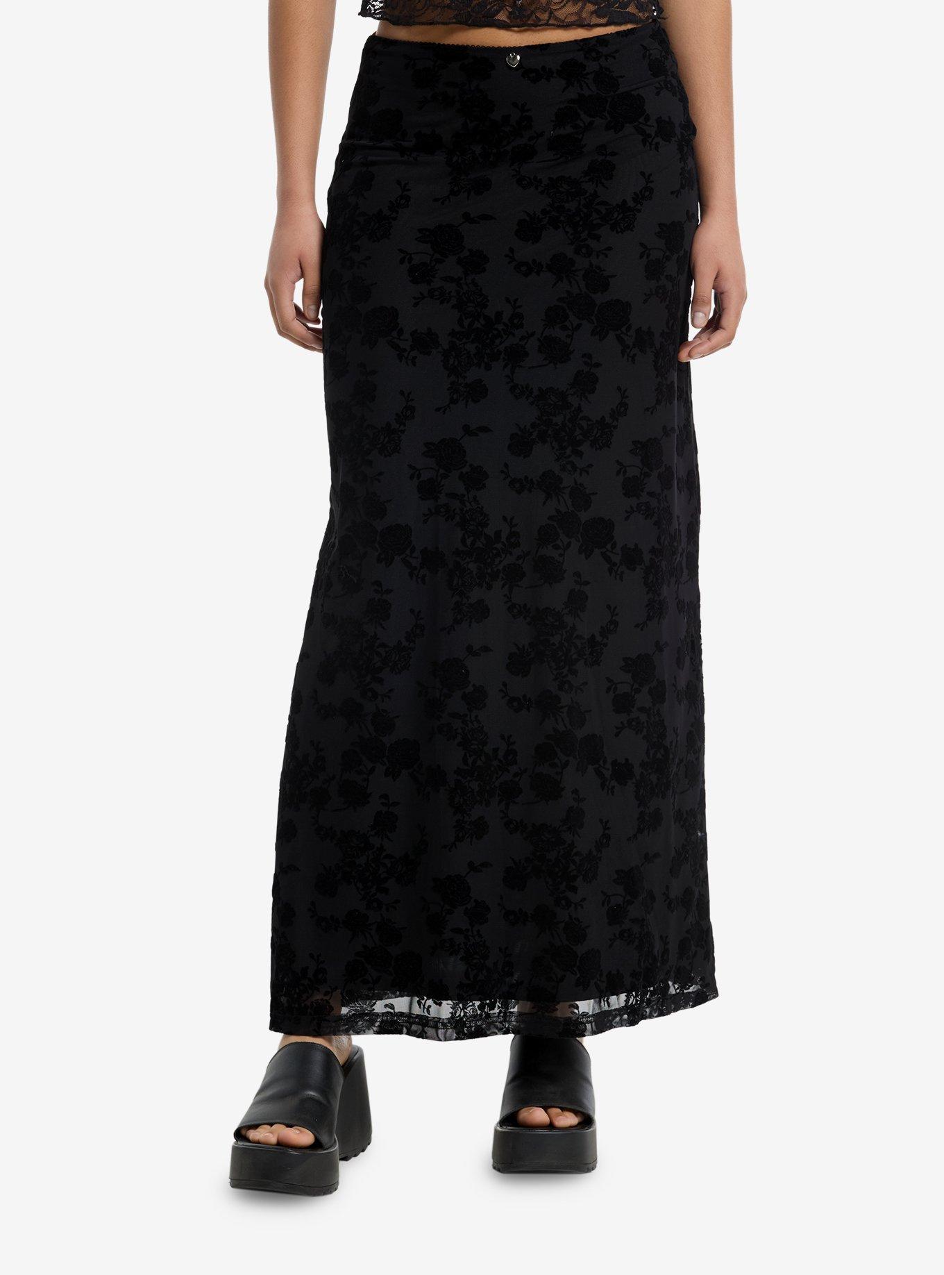 Daisy Street Black Floral Flocked Maxi Skirt, , hi-res
