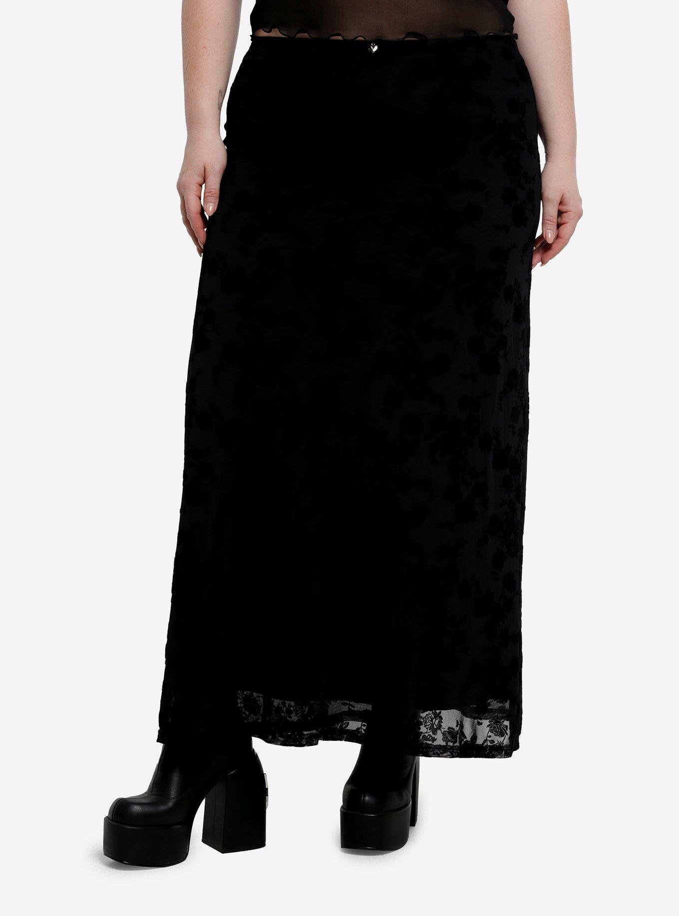 Daisy Street Black Floral Flocked Maxi Skirt Plus Size, , hi-res