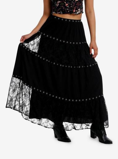 Daisy Street Black Lace & Grommet Tiered Maxi Skirt | Hot Topic