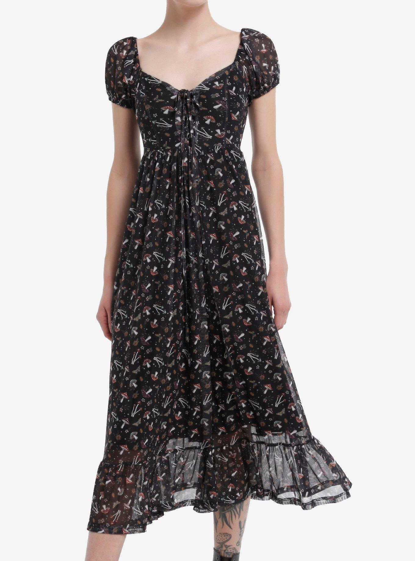 Mushrooms & Flowers Lace-Up Mesh Maxi Dress, , hi-res