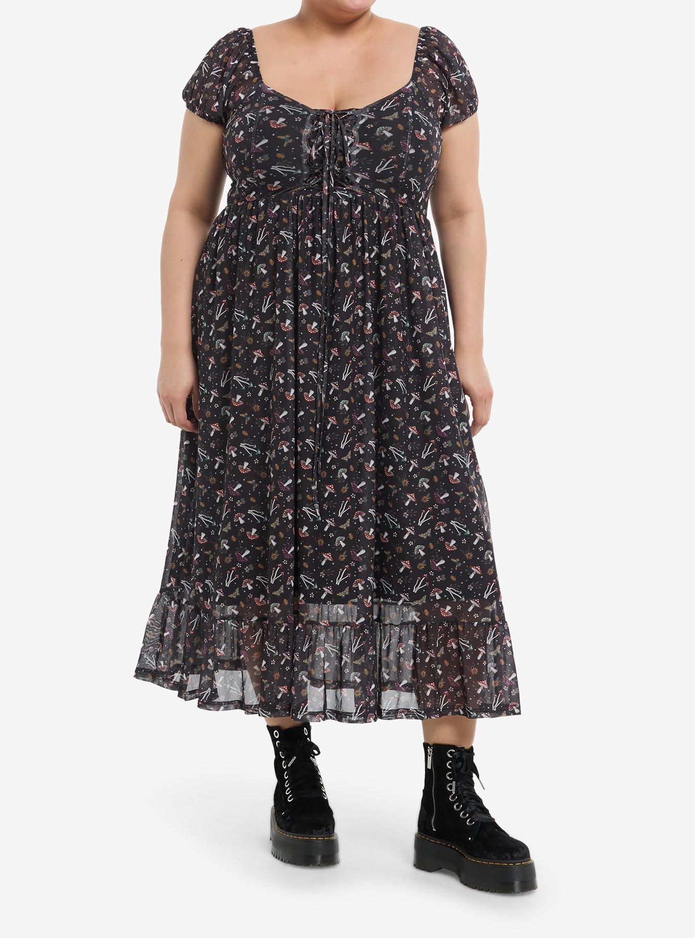 Mushrooms & Flowers Lace-Up Mesh Maxi Dress Plus Size, , hi-res