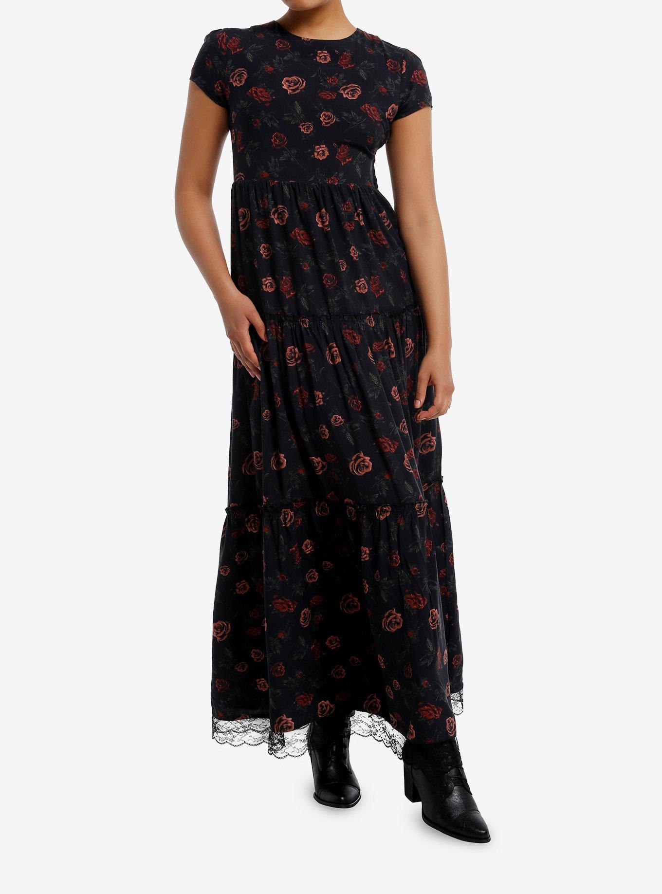 Cosmic Aura Dark Red Rose Tiered Maxi Dress, , hi-res