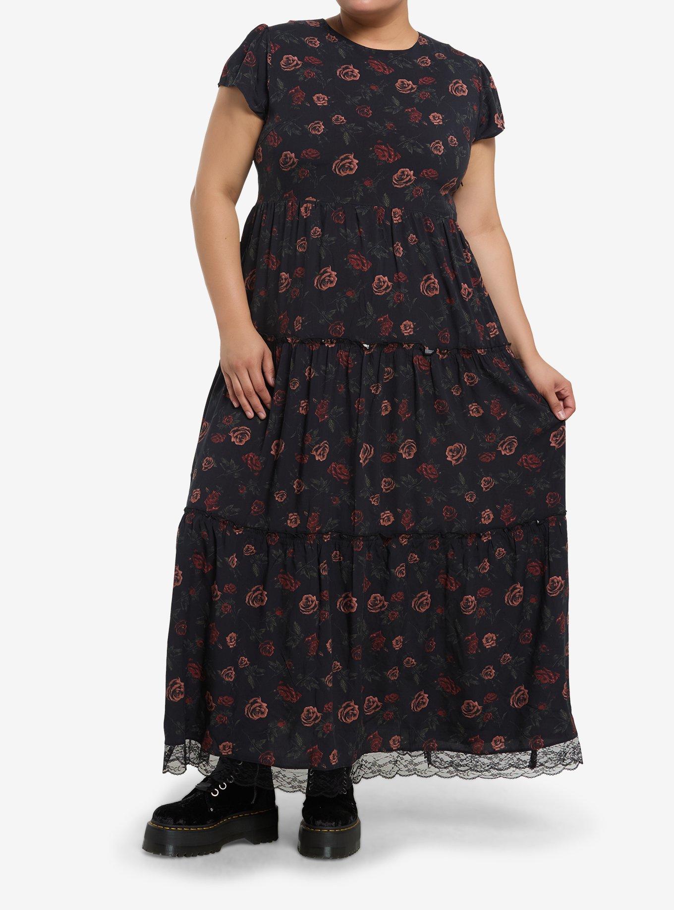 Cosmic Aura Dark Red Rose Tiered Maxi Dress Plus Size, , hi-res
