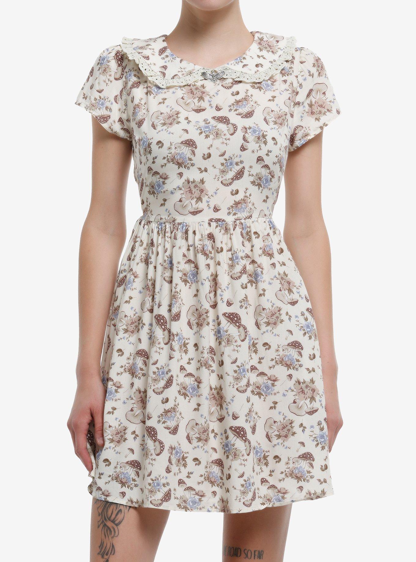 Cream Butterfly Mushroom Collared Dress, , hi-res